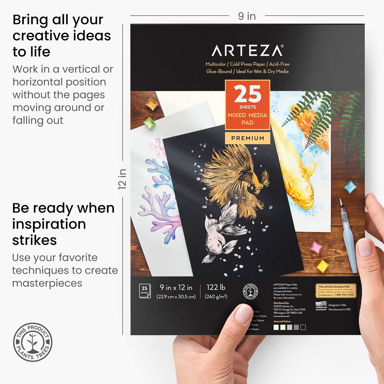 Arteza Cuaderno de bocetos de medios mixtos, 9 x 12 pulgadas, 25 hojas, papel de dibujo tonificado blanco, crema, gris claro, gris y negro, 122