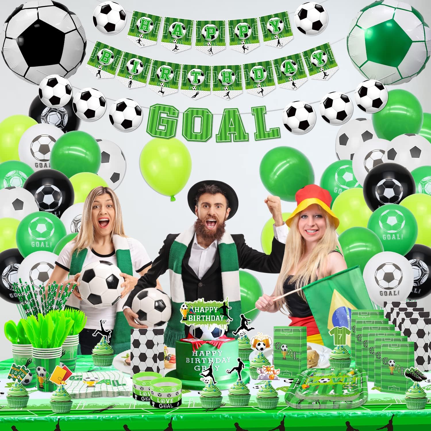 Suministros para fiesta de cumpleaños de fútbol, incluye pancarta de feliz cumpleaños, bolsas de recuerdo de fútbol, pulseras de silicona para