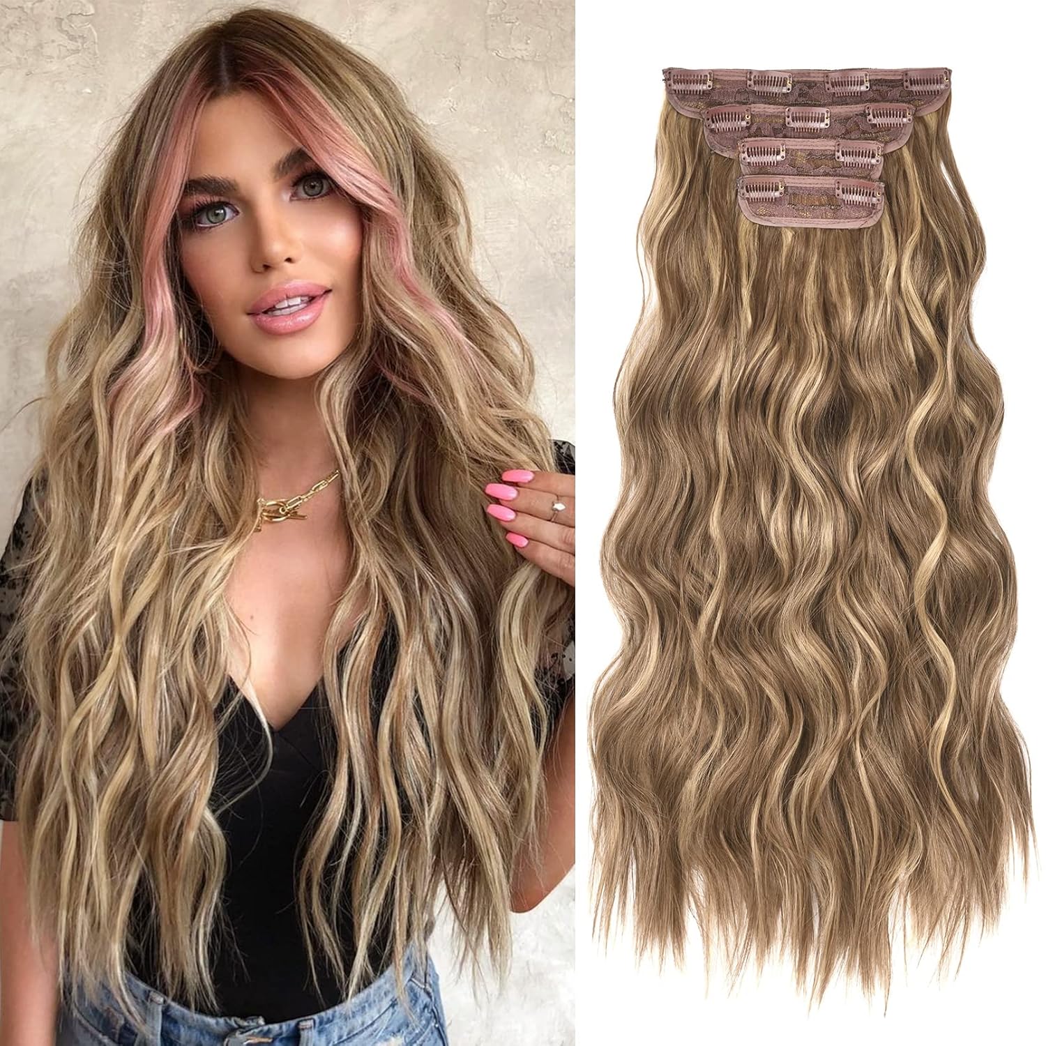 REECHO Extensiones de cabello, 4 extensiones de cabello con clip, HE001, extensiones de cabello sintético suave natural para mujer, marrón claro con