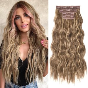 REECHO Extensiones de cabello, 4 extensiones de cabello con clip, HE001, extensiones de cabello sintético suave natural para mujer, marrón claro con REECHO Extensiones de cabello, 4 extensiones de cabello con clip, HE001, extensiones de cabello sintético suave natural para mujer, marrón claro con