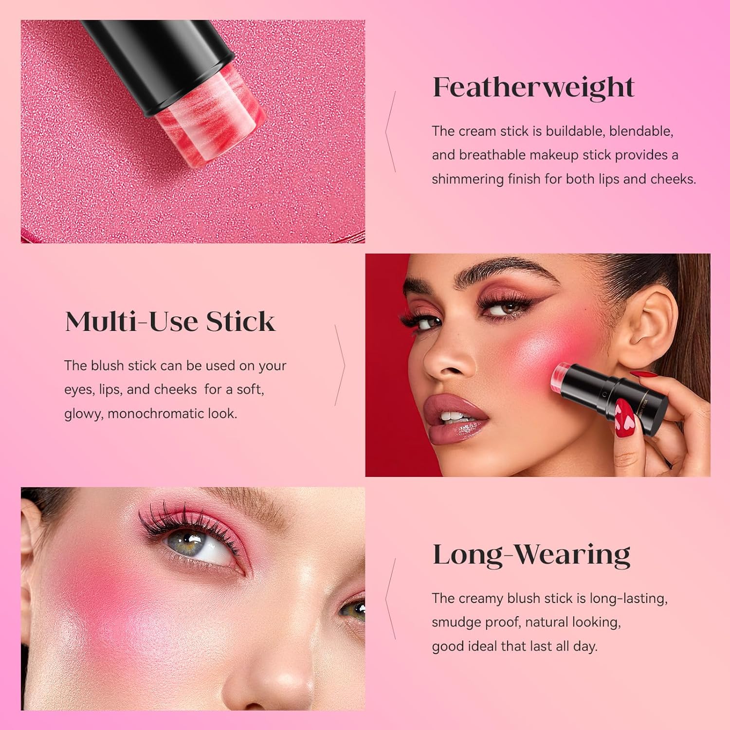 Rouge – Barra de rubor en crema para mejillas y labios, barra de contorno y resaltador multiusos mezclable de larga duración