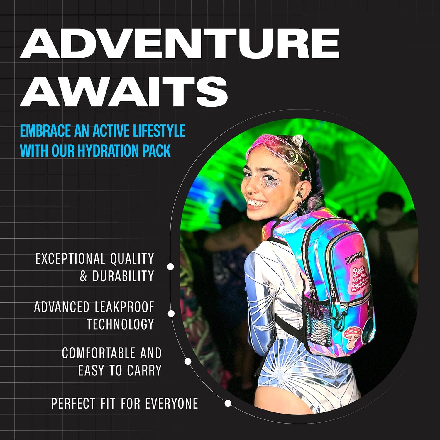 SoJourner Bags, Rave Hydration Pack – Bolsa de agua de 2L incluida, para festivales, raves, senderismo, ciclismo, fiestas, escalada, carrera y más