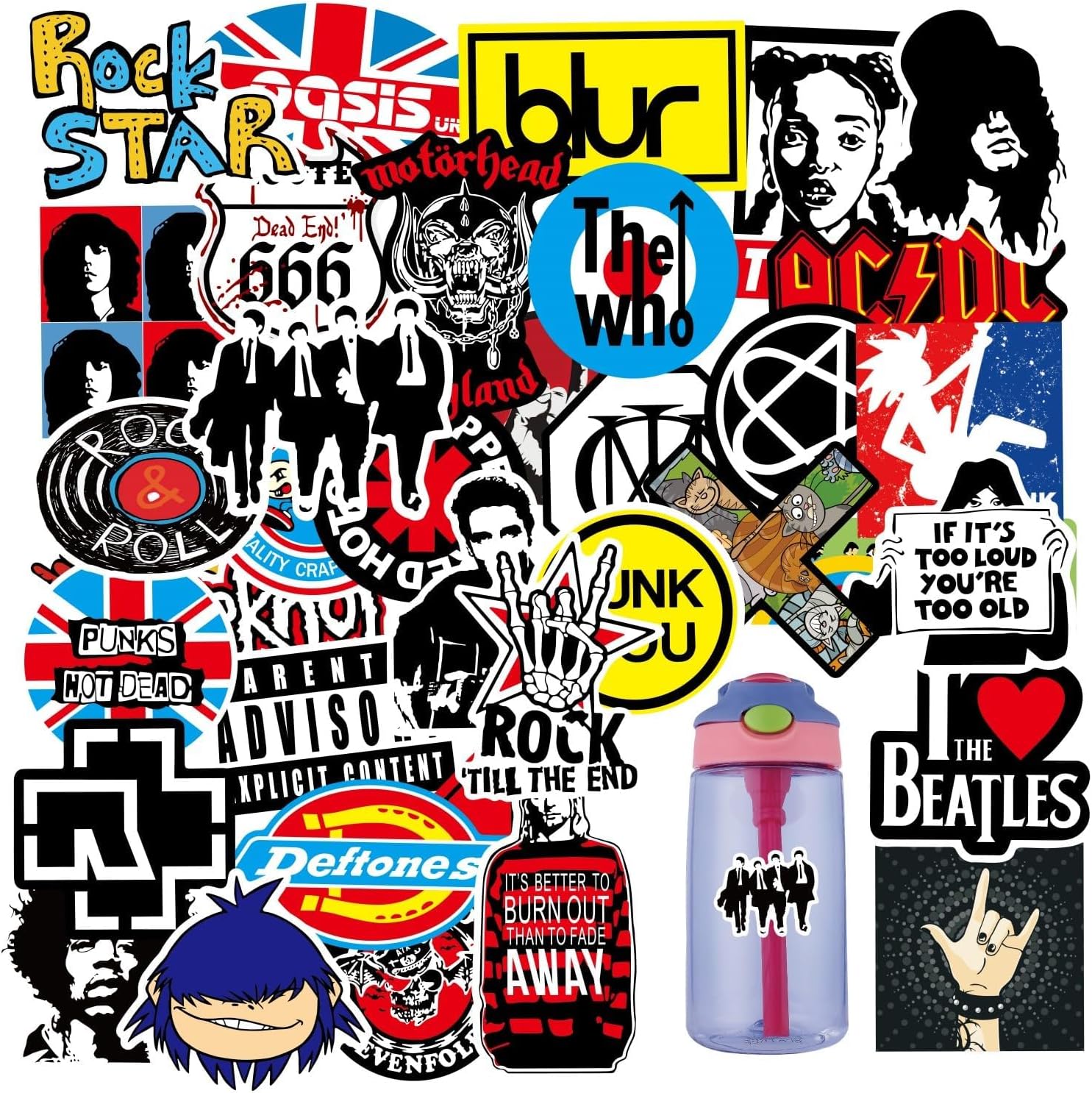 100 calcomanías para botellas de agua de la marca rock, banda mental, punk rock and roll, calcomanías de música para patinetas, portátiles,