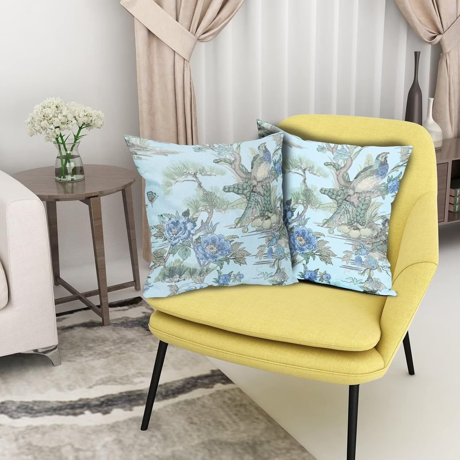 Juego de 2 fundas de almohada de 18 x 18 pulgadas con diseño de flores azules y pájaros, fundas de almohada decorativas de lino con acuarela