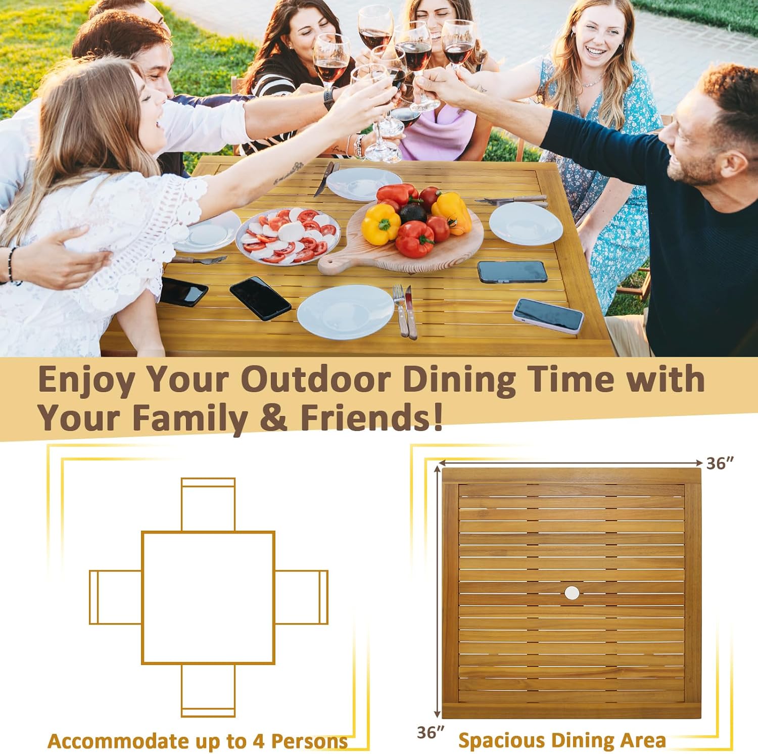 Tangkula Mesa de comedor cuadrada para exteriores, mesa de comedor de madera de acacia para 4 personas con agujero para sombrilla de 1.9 pulgadas,