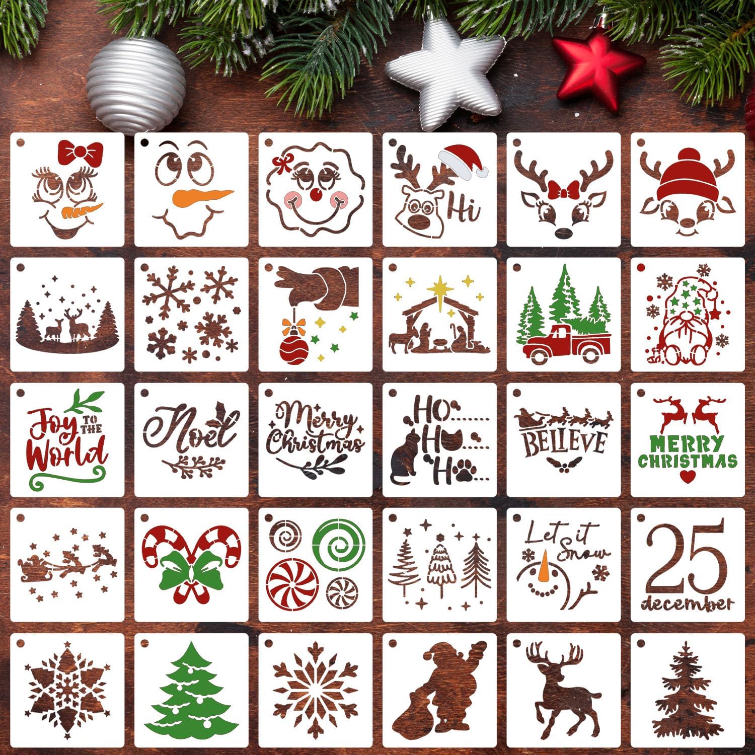 Plantillas de Navidad de 3 pulgadas para pintar sobre madera, 30 plantillas pequeñas de Navidad para árbol de Navidad, bandeja escalonada, bandeja