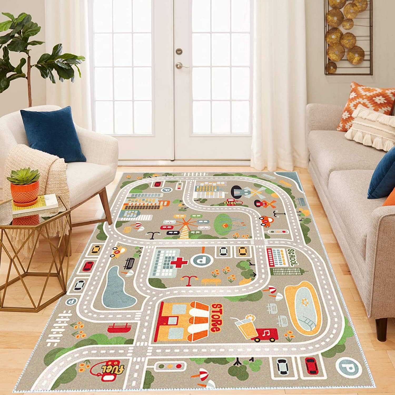 Alfombra de juegos para niños, alfombra de juego de vida urbana para autos de juguete y trenes, alfombra de área de juegos con respaldo de goma,
