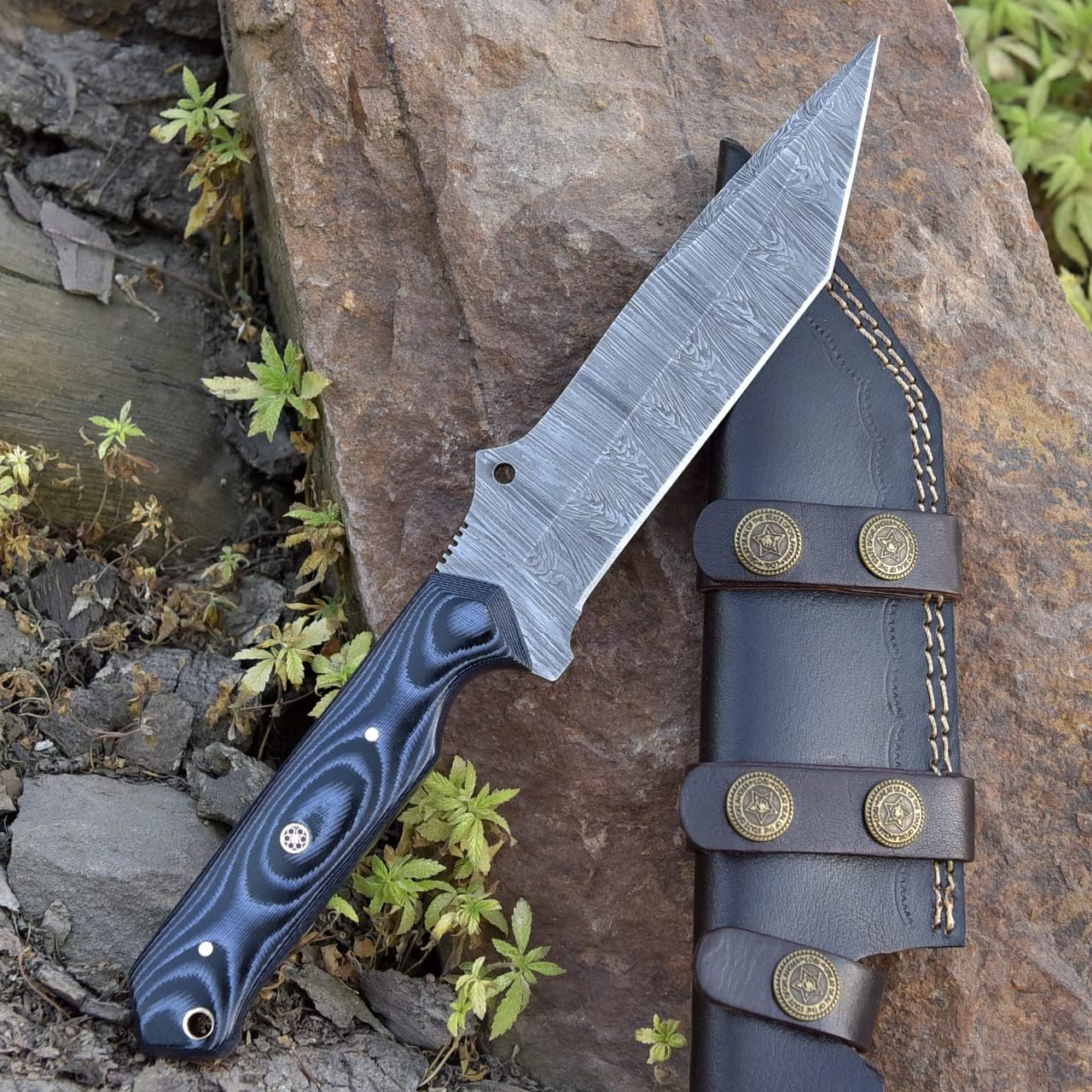 Grace Knives Cuchillo de caza hecho a mano Tanto Cuchillo de hoja fija de acero de Damasco de 10.5 pulgadas EDC con funda de cuero G-509 (micarta