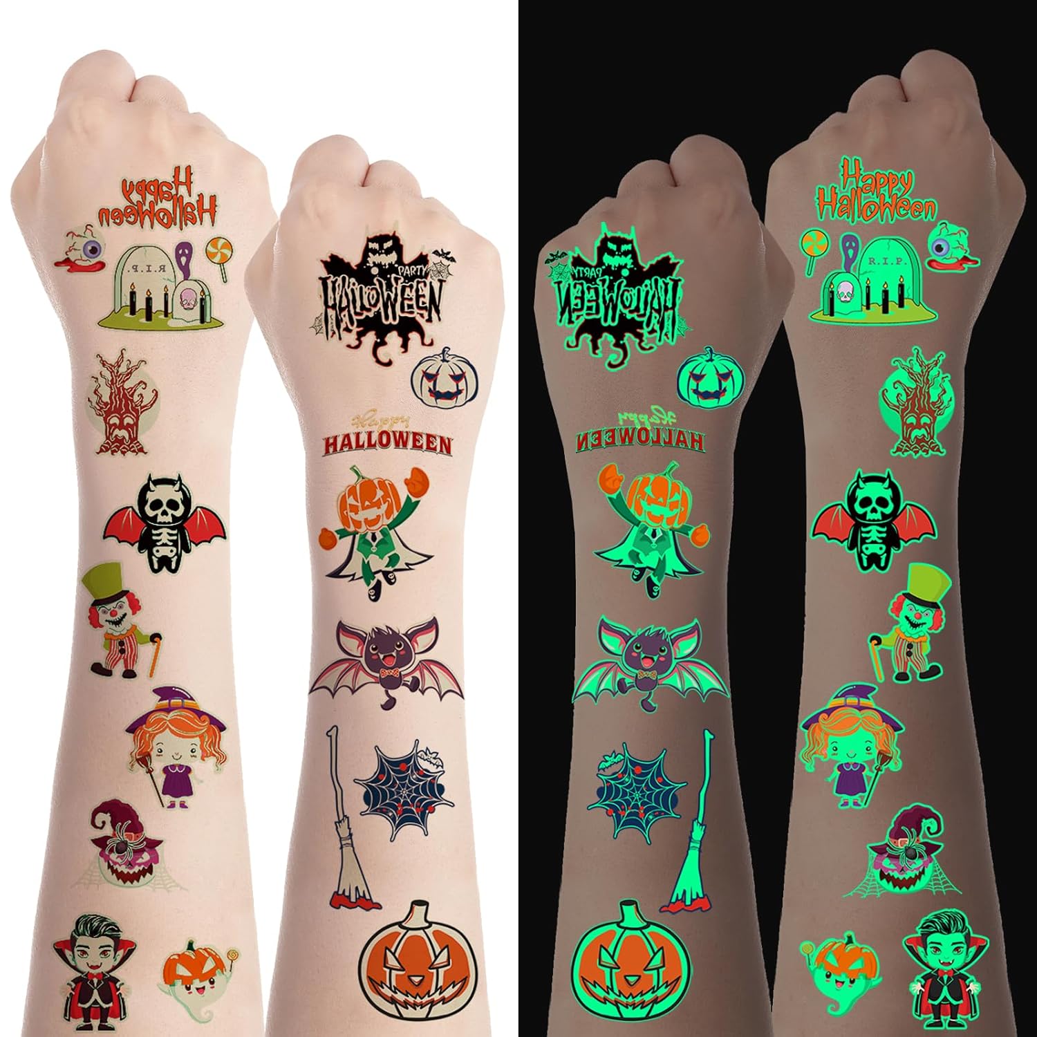 Konsait 20 hojas de tatuajes de Halloween para niños, tatuajes temporales que brillan en la oscuridad para niños, recuerdos de fiesta de Halloween,