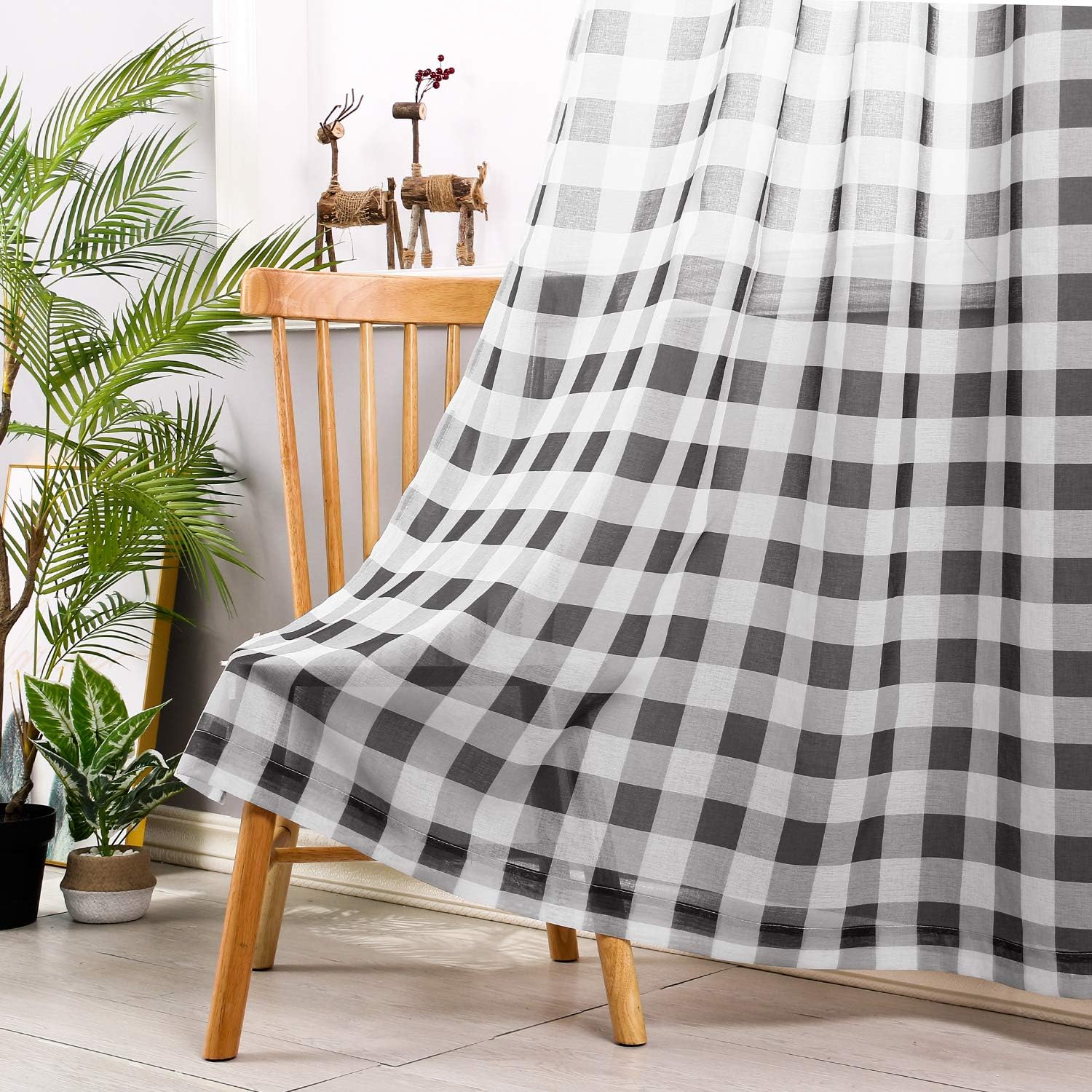Hiasan Buffalo – Cortinas transparentes a cuadros para sala de estar, con dobladillo para el barral de la ventana, para dormitorio y granja