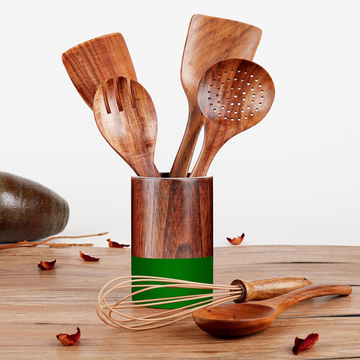 Soporte de madera para utensilios de cocina para encimera, organizador de utensilios de teca, soporte de madera para utensilios de cocina, para