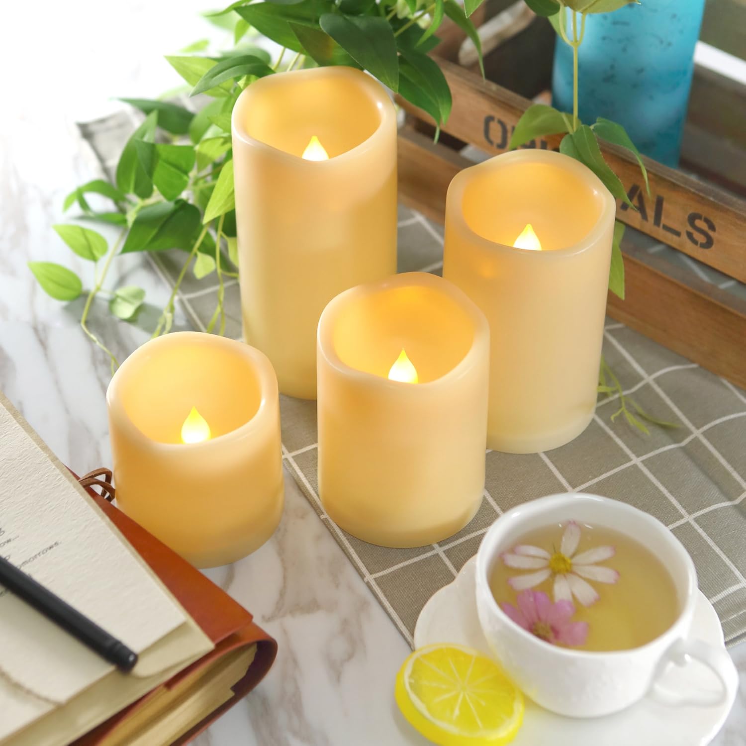 4 velas LED escalonadas sin flama, de pilas, impermeables, para exteriores, con temporizador, luz nocturna parpadeante de resina plástica, para