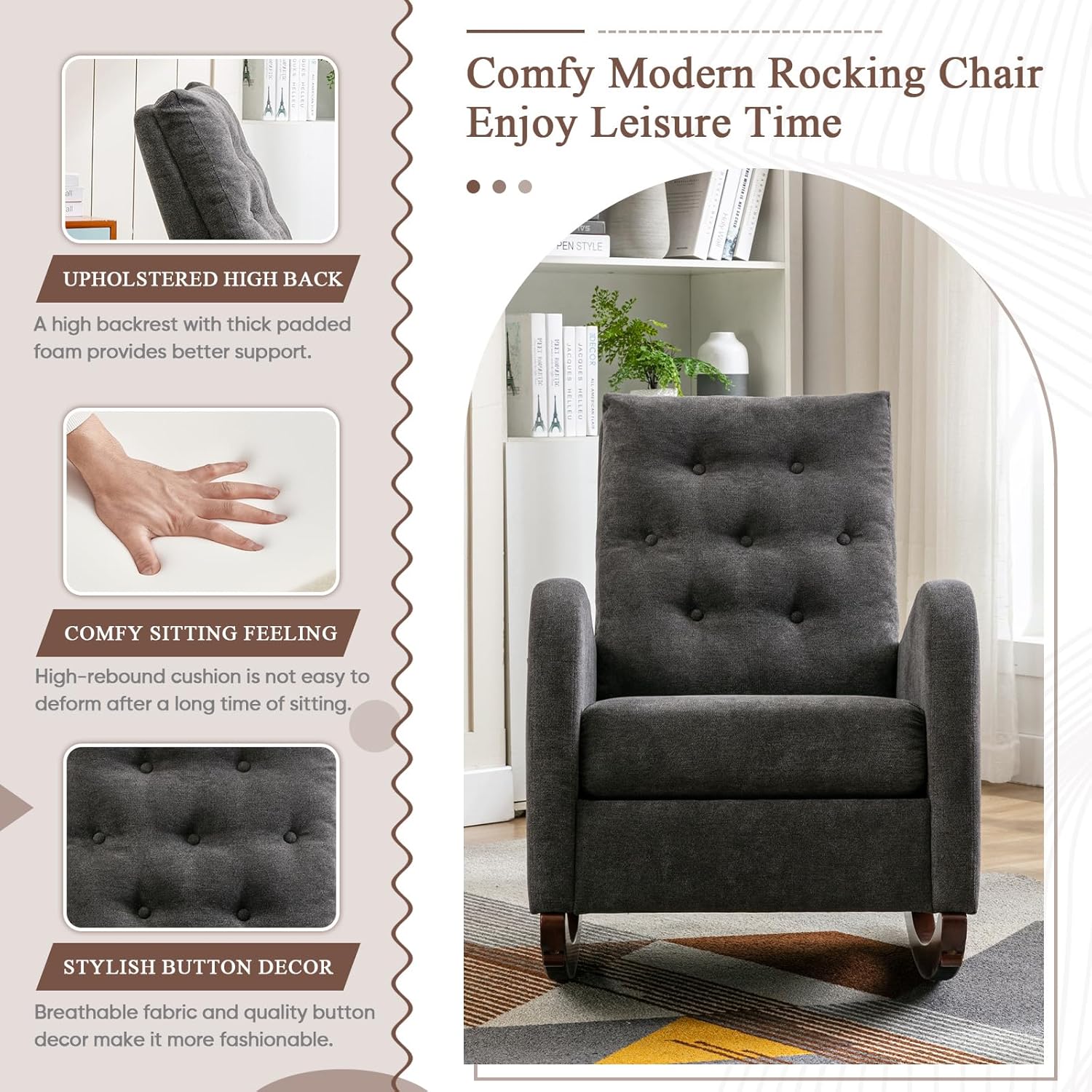 Mecedora moderna para guardería, silla mecedora tapizada con respaldo alto copetudo, cómodo sillón decorativo con cojín grueso y bolsillo grande