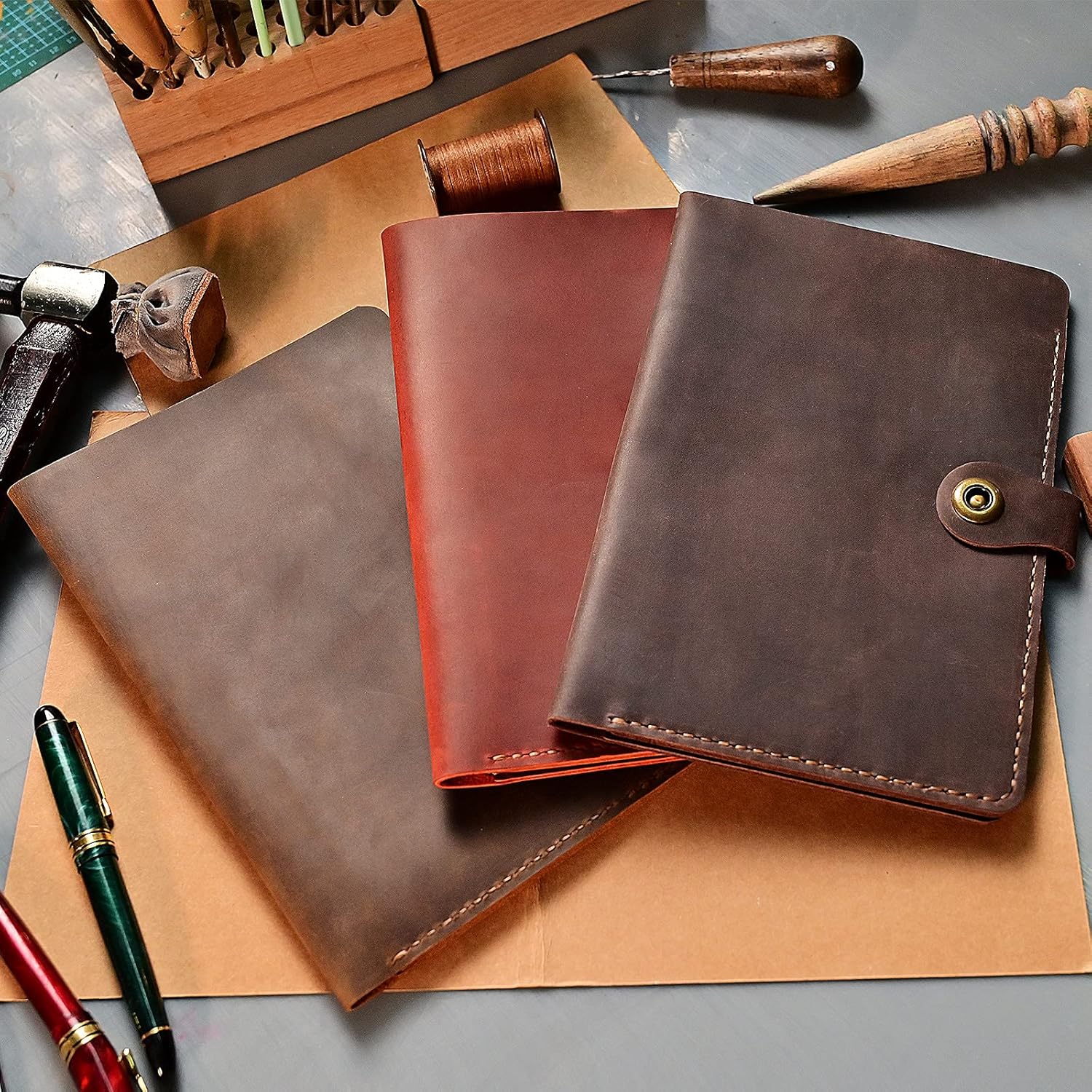 Cuaderno de cuero recargable, 9 x 7.5 pulgadas, diario de escritura de cuero A5 con forro, hecho a mano, vintage de 6 anillas, organizador de diario