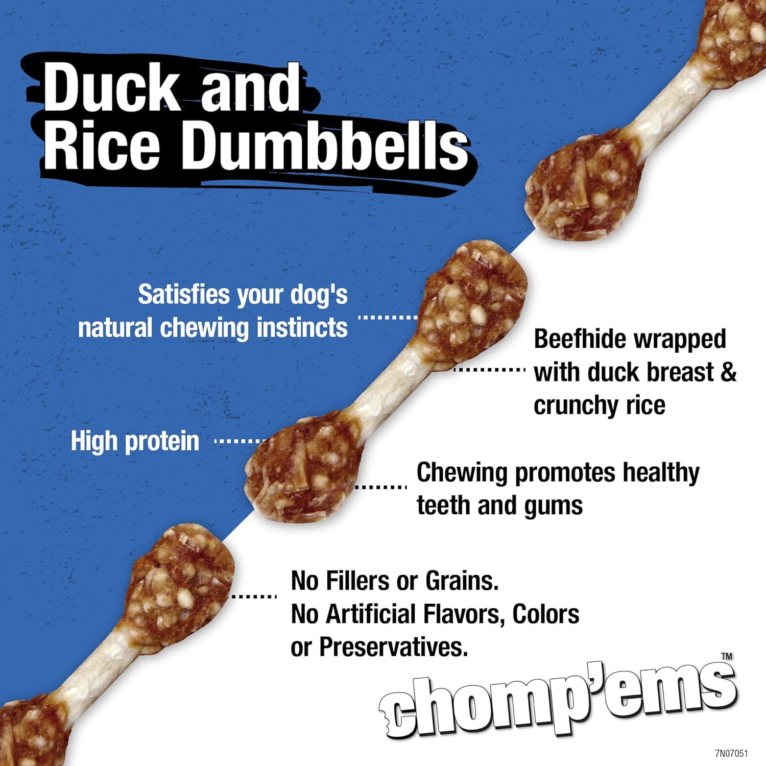 Chomp’ems – Mancuernas de pato y arroz, 4 onzas, golosinas saludables y ricas en proteínas para perros, masticables para perros