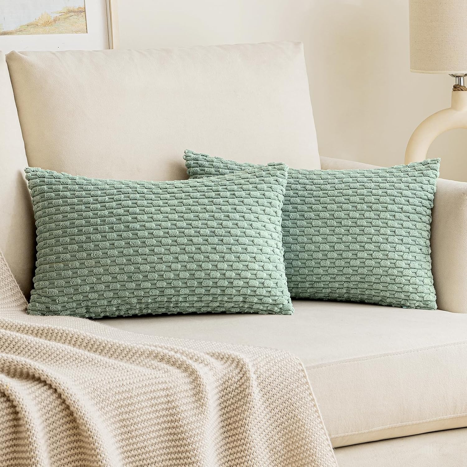 EMEMA Juego de 2 fundas de almohada rectangulares de pana suave a rayas de 12 x 20 pulgadas, fundas de cojín rectangulares de pana suave para