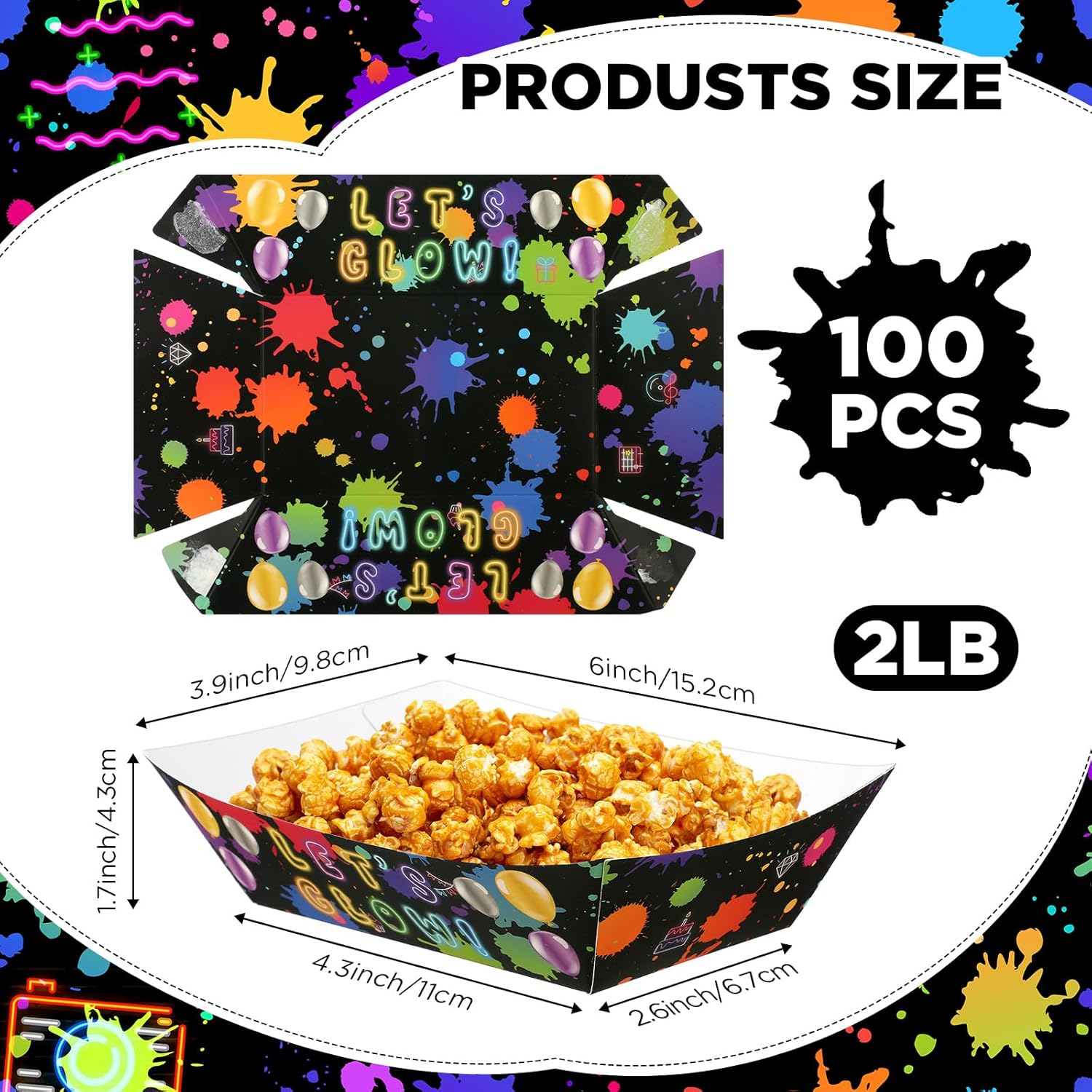 100 unidades de suministros de fiesta de neón de 2 libras, bandejas de papel desechables para servir nachos para perros calientes, barcos de neón