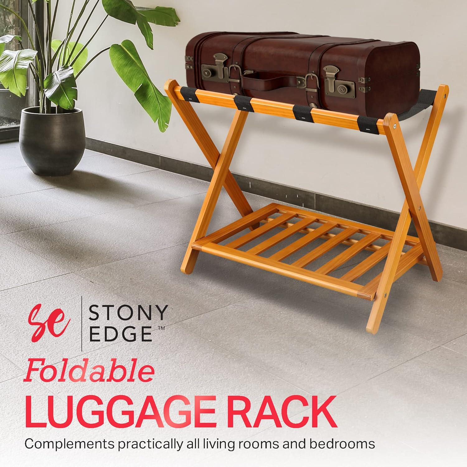 Stony Edge Portaequipajes de madera plegable ancho para habitación de invitados, soporte para maleta totalmente montado con estante de