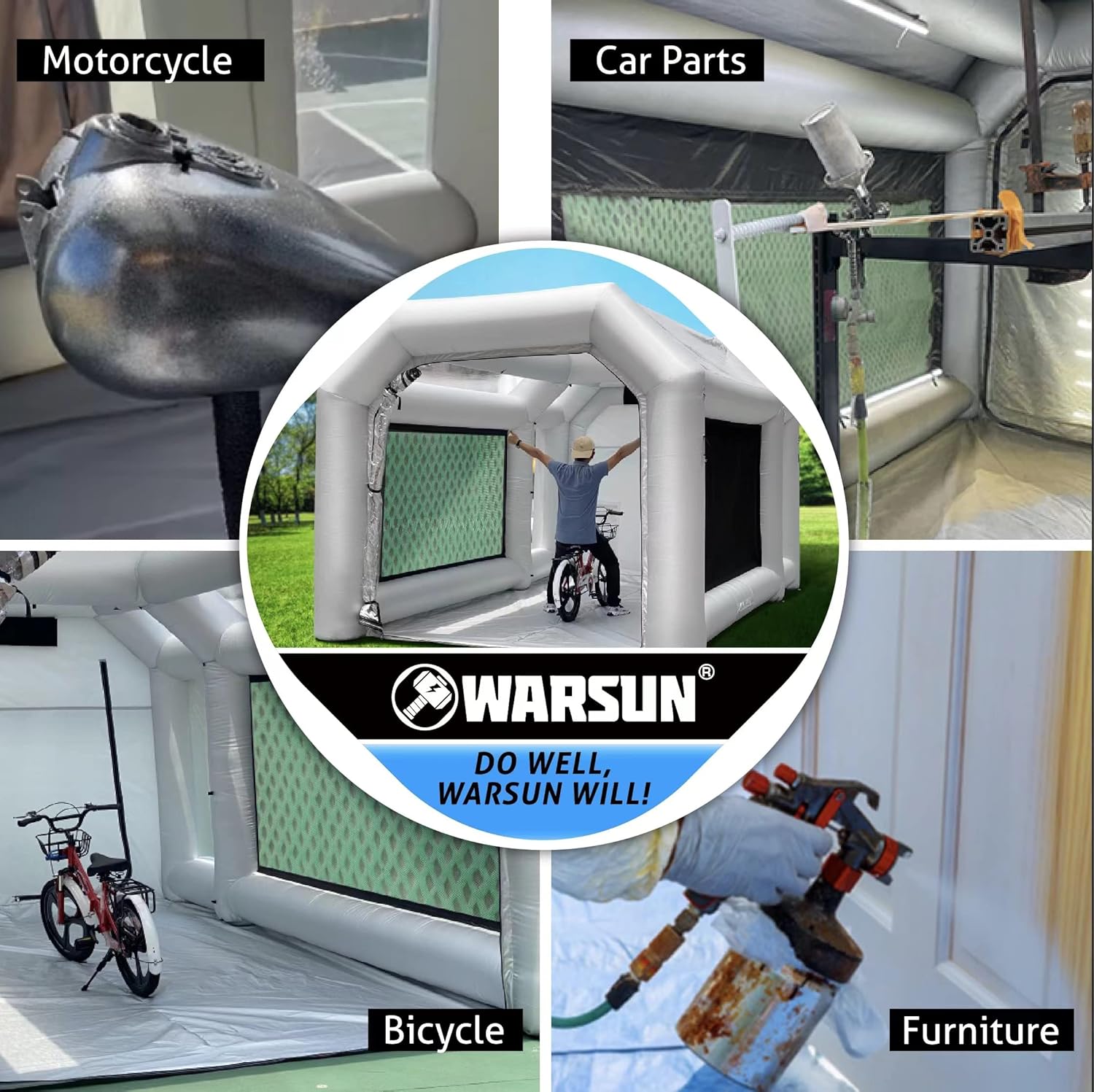 WARSUN Cabina de pintura inflable de 14 x 10 x 8.5 pies con filtros dobles y de gran tamaño y dos sopladores (480 W + 370 W) más duradera y portátil