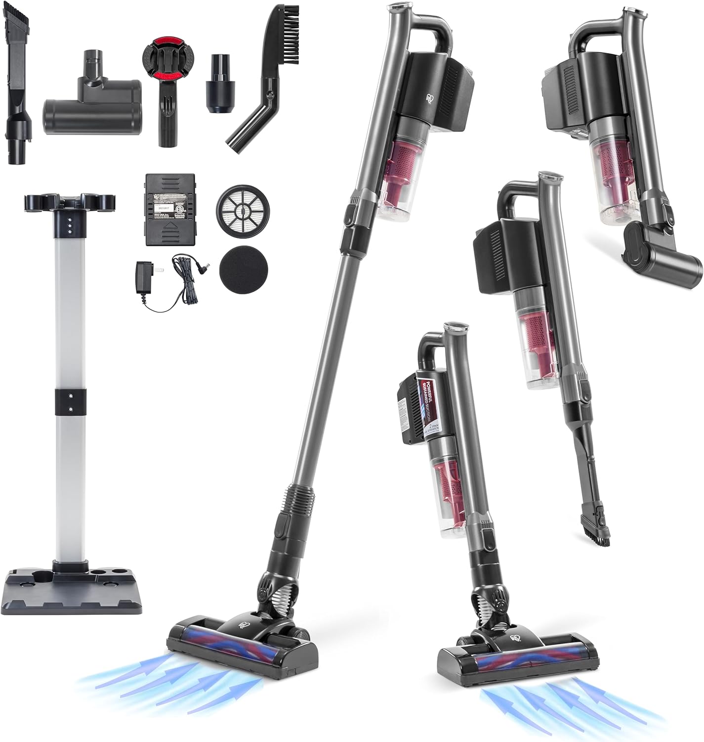 IRIS USA Power Brush – Aspiradora inalámbrica para alfombras de bajo perfil y suelos duros, soporte y accesorios 6 en 1, indicador LED de succión de