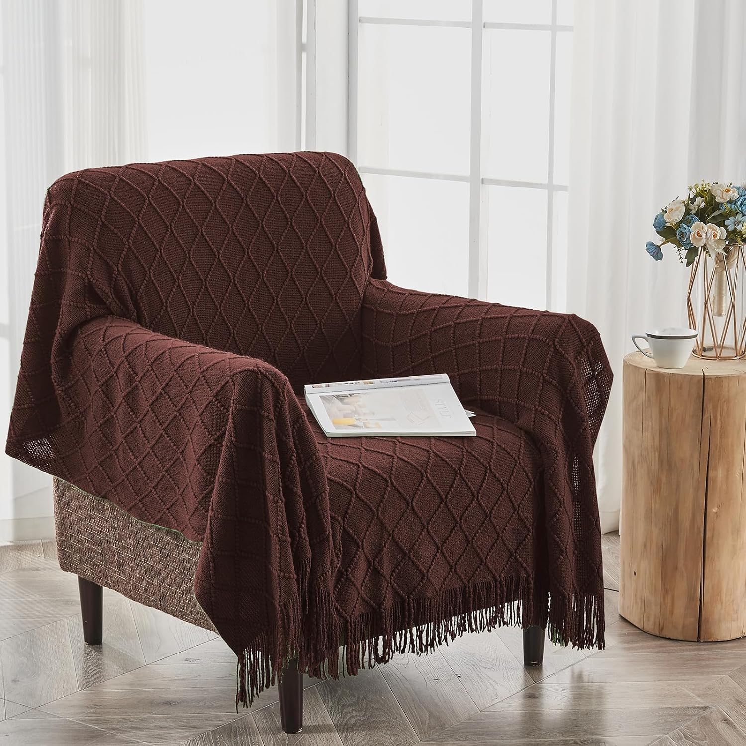 inhand Mantas de punto para sofá y cama, manta de punto suave y acogedora con borlas, mantas decorativas ligeras y mantas decorativas de granja para