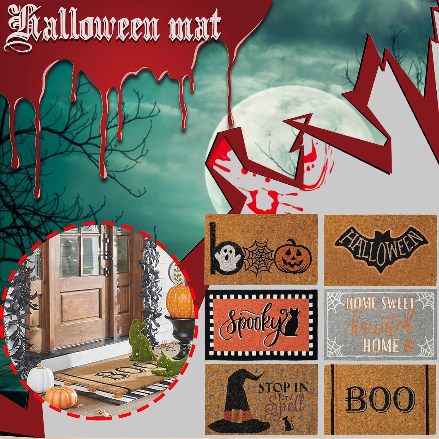Tapete de bienvenida de Halloween para exteriores, 23.6 x 15.7 pulgadas, disfraz de Halloween, tapete de calabaza resistente, faroles de calabaza de