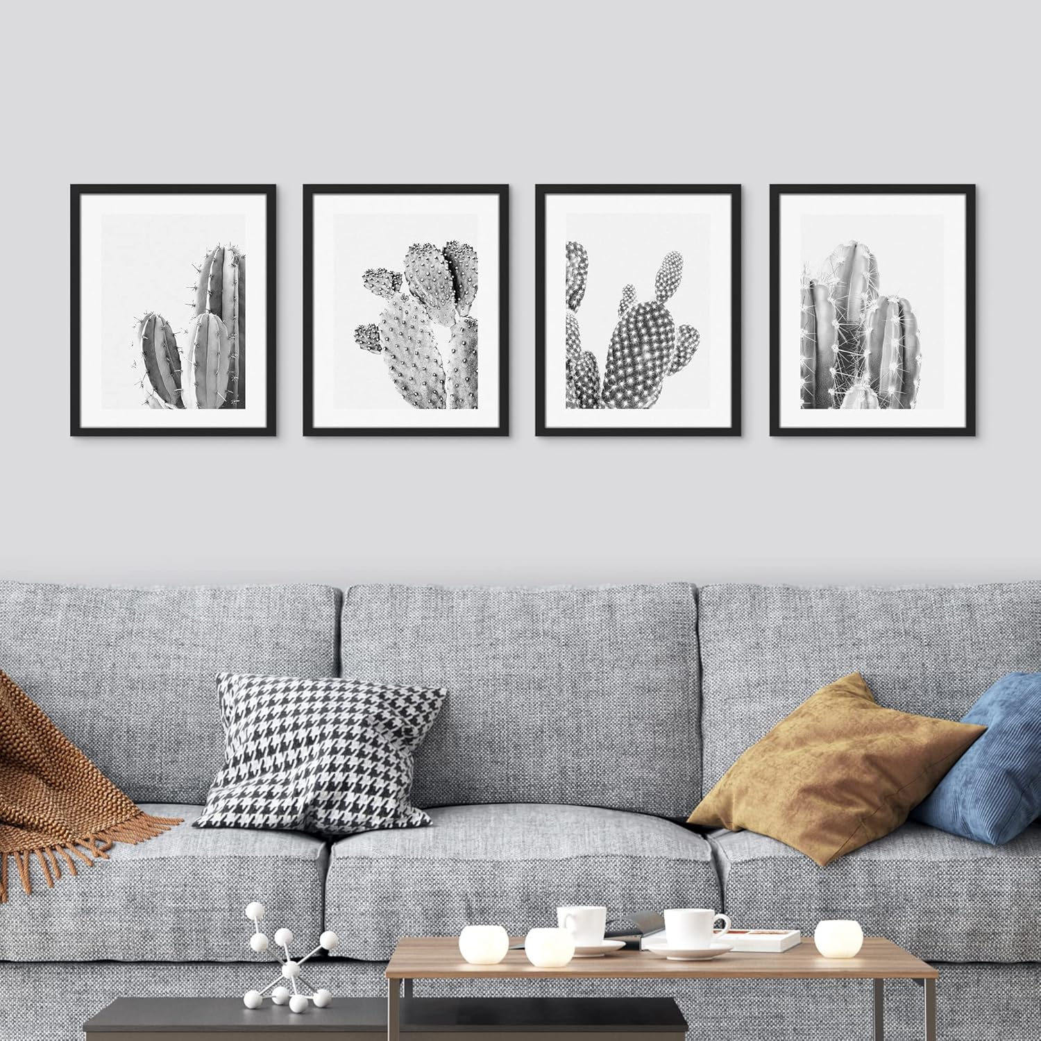 SIGNWIN Arte de pared enmarcado de cactus tropical del desierto del suroeste de Saguaro en blanco y negro, juego de 4 impresiones florales botánicas