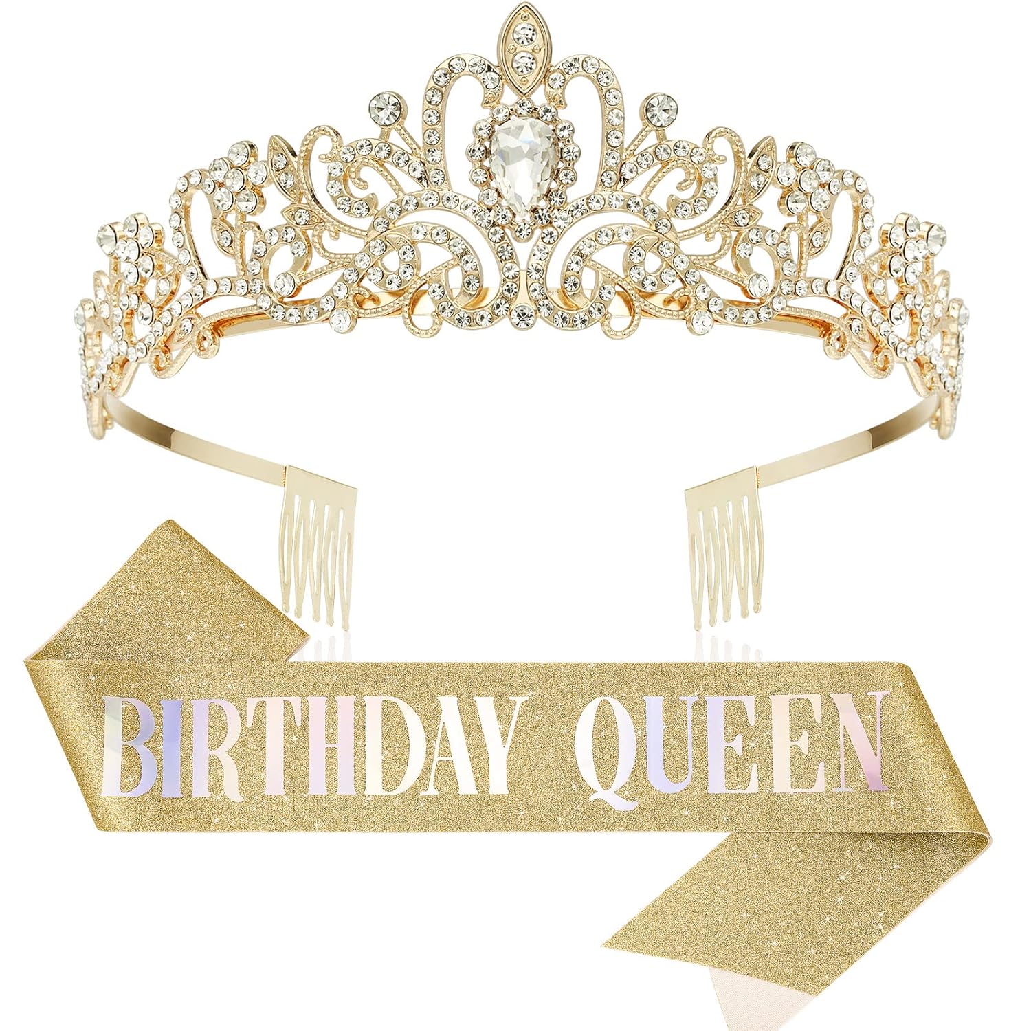 Makone Corona dorada de princesa de cumpleaños con banda de reina de cumpleaños para mujeres o niñas, diadema de cristal, accesorios para el cabello