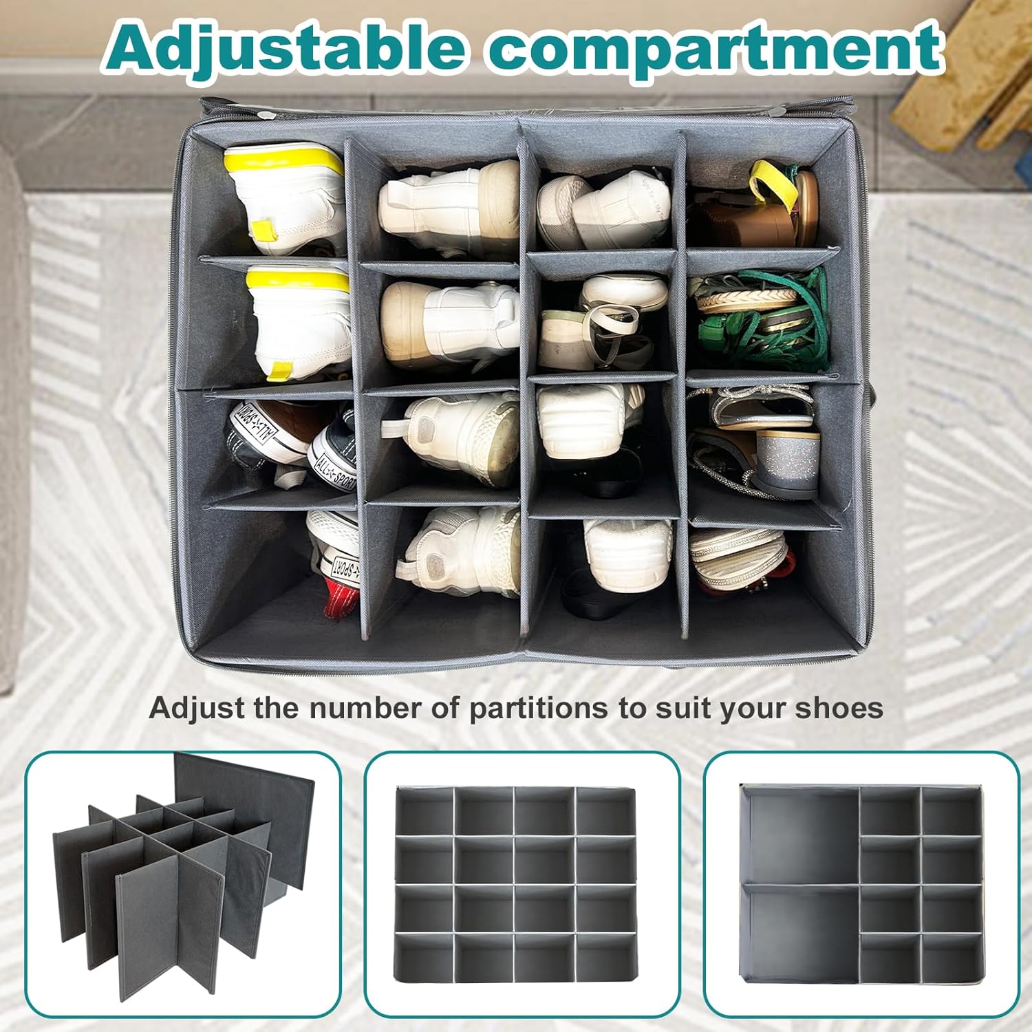 VERONLY Caja organizadora de zapatos grande para armario, contenedores de almacenamiento ajustables para zapatos, contenedores plegables para
