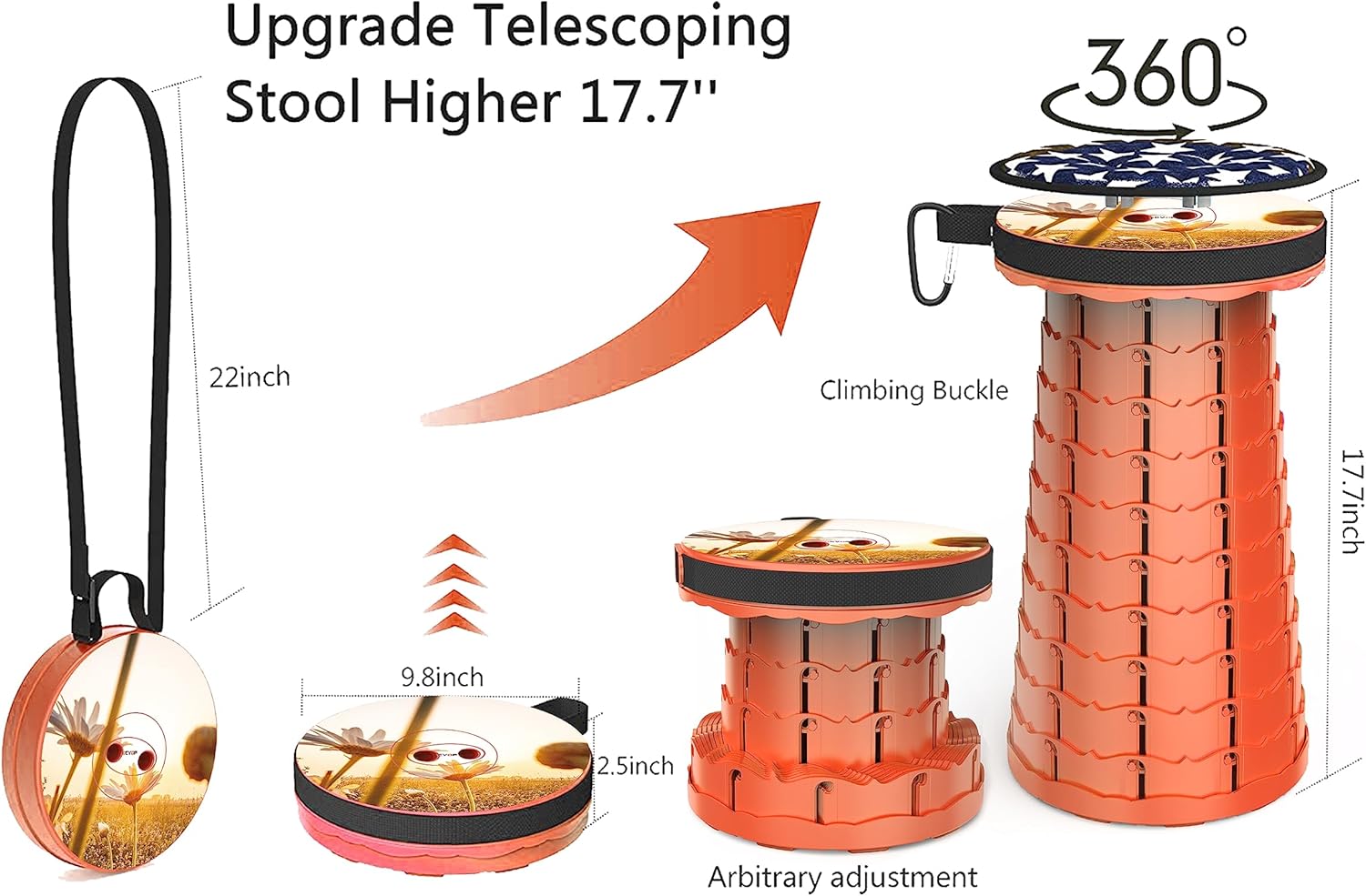 ALEVMOOM Taburete plegable 2024 con cojín, taburete telescópico ajustable, taburete plegable portátil para camping, capacidad más resistente, 440