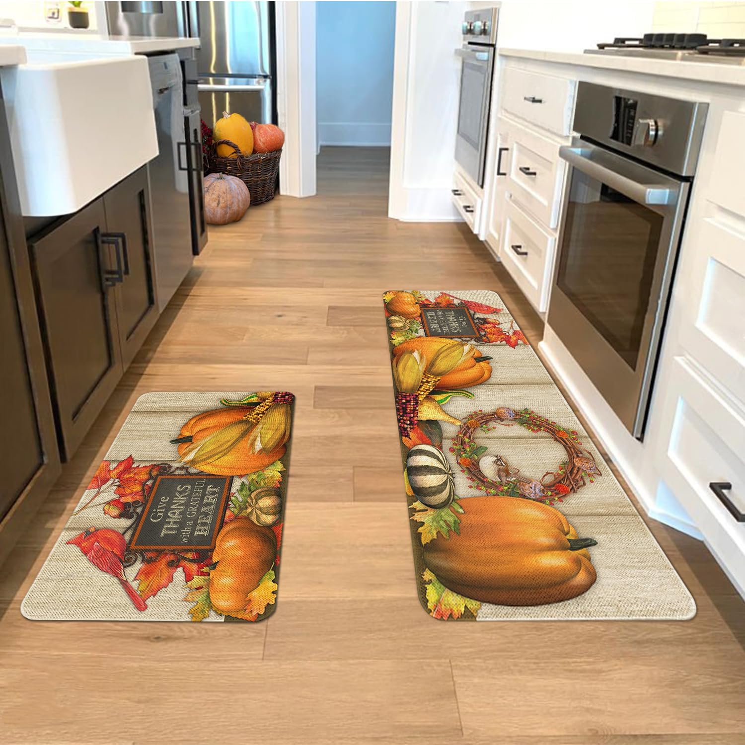 Juego de 2 alfombras y tapetes de cocina con diseño de calabaza otoñal, dar gracias con un corazón agradecido, tapetes de cocina lavables de
