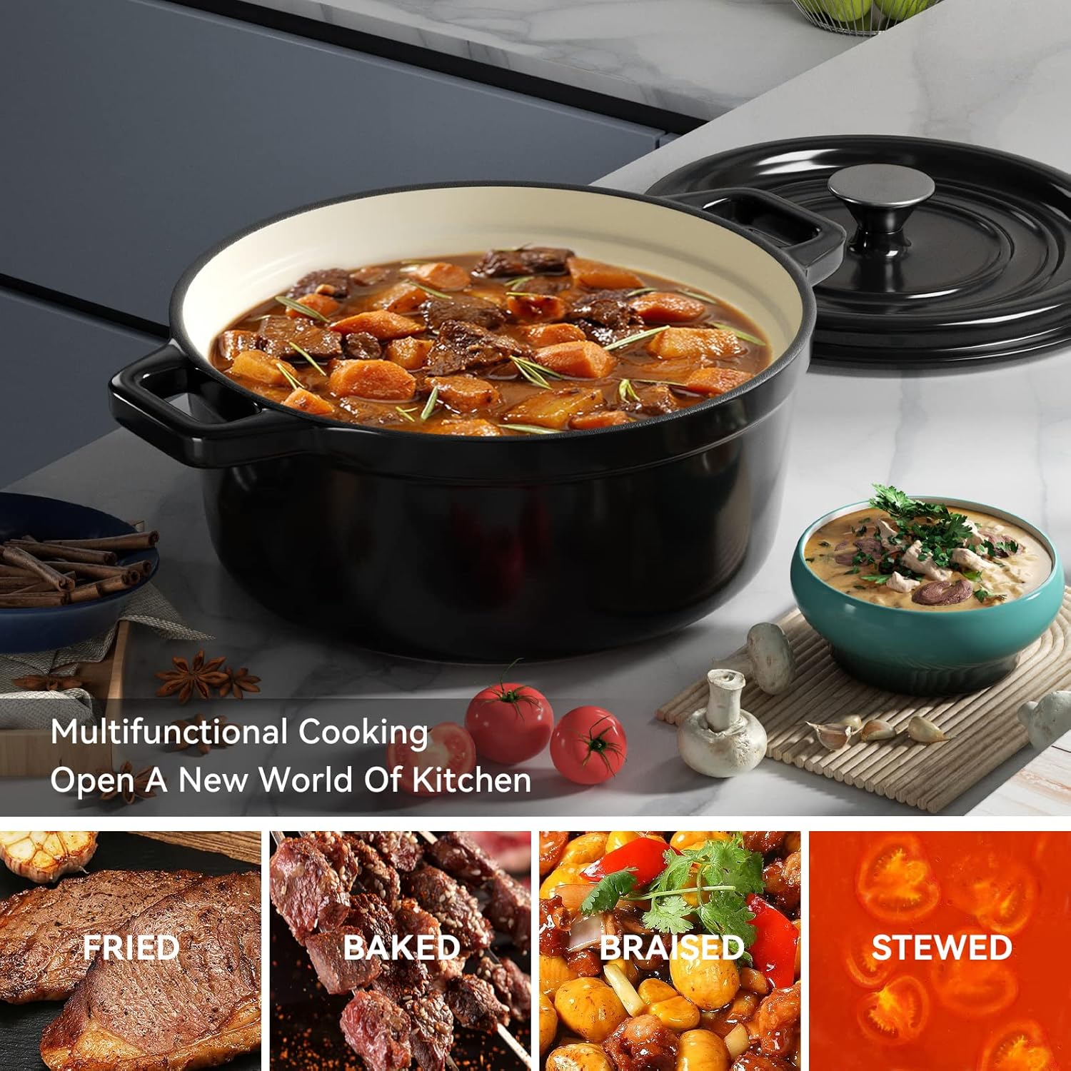 Olla holandesa esmaltada de 6.5 cuartos de galón con tapa, horno holandés de hierro fundido con doble asa para hornear pan, cocinar, utensilios de