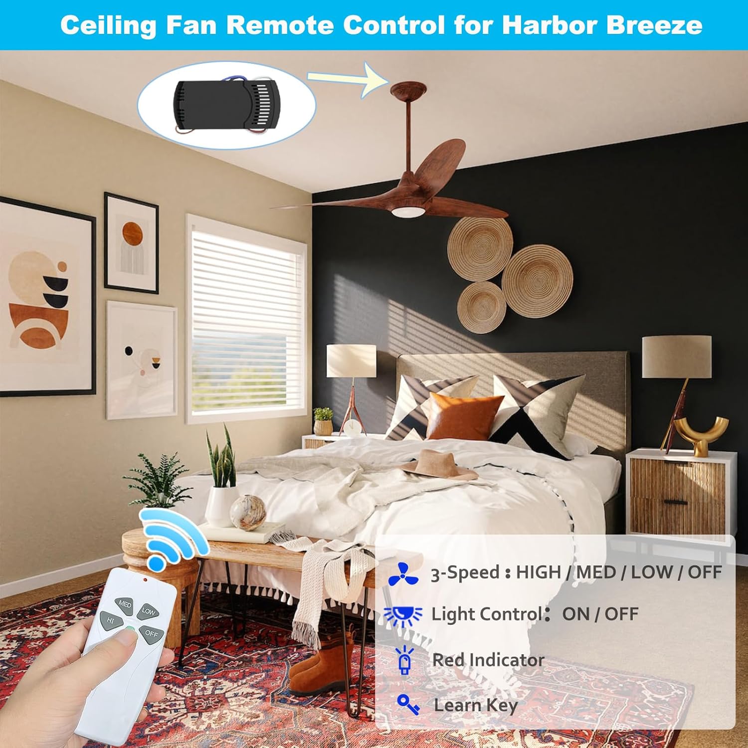 Kit de control remoto universal para ventilador de techo, repuesto para Hunter, Hampton Bay, Litex, 3 velocidades, con receptor FAN37R, reemplazo
