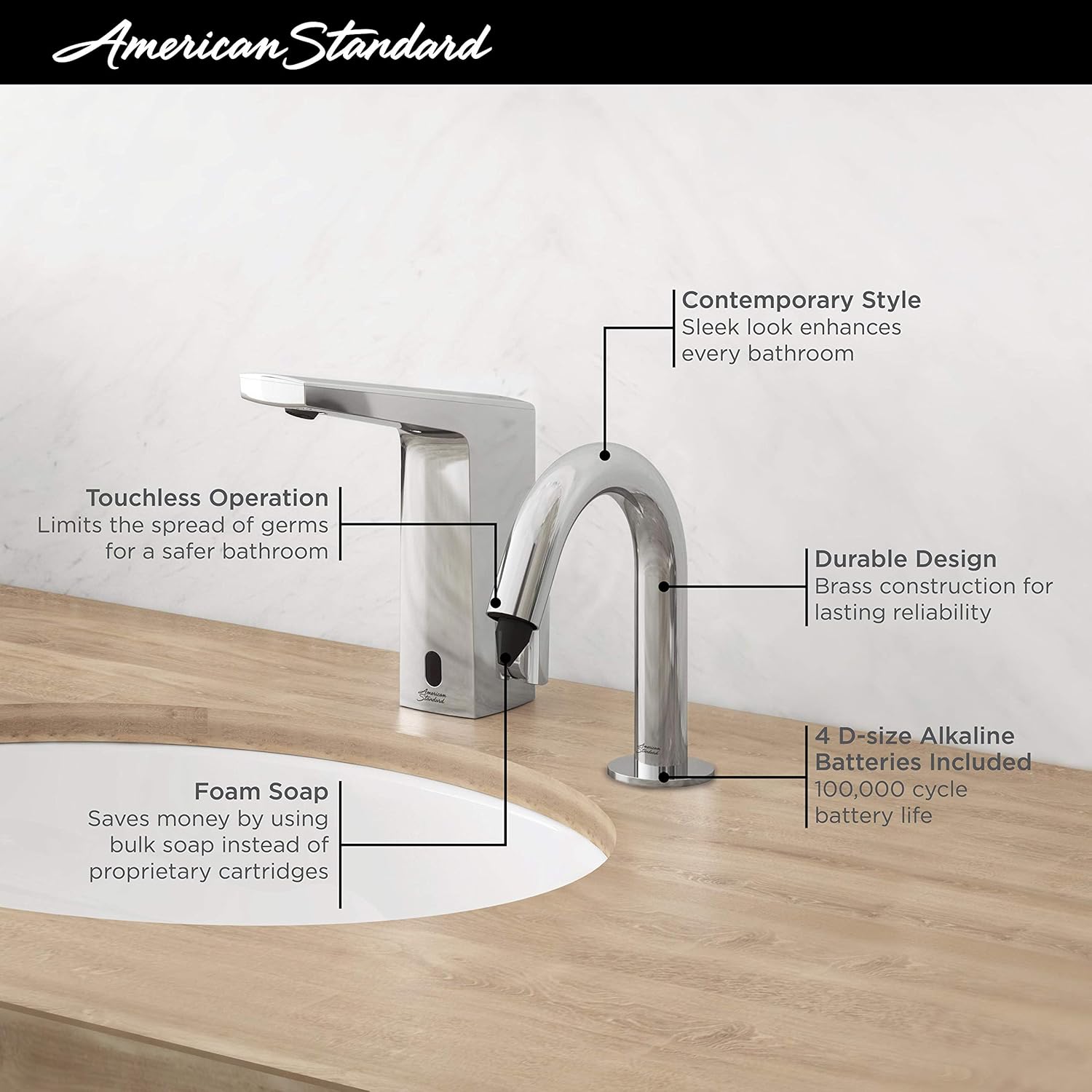 American Standard 7770100.002 Dispensador de jabón de espuma sin contacto, funciona con pilas, cromo pulido