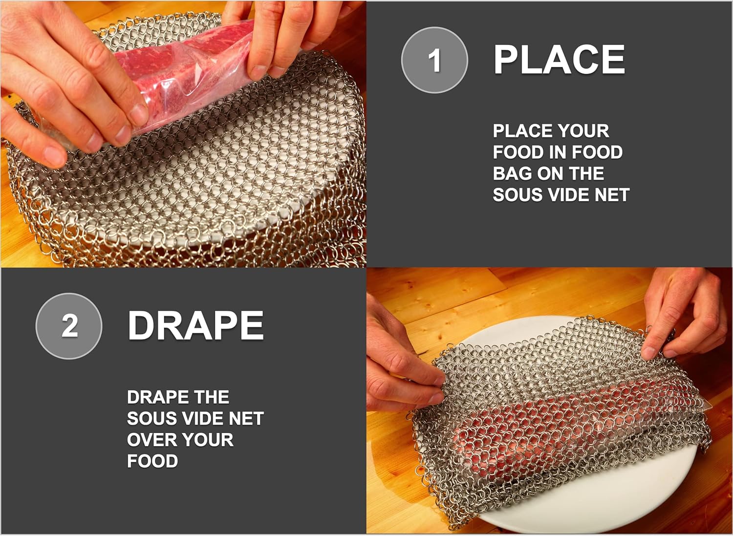 FLAGTION Sous Vide, juego de red de malla de acero inoxidable de grado alimenticio de 1.5 libras y 5 imanes recubiertos de silicona para cocinar al