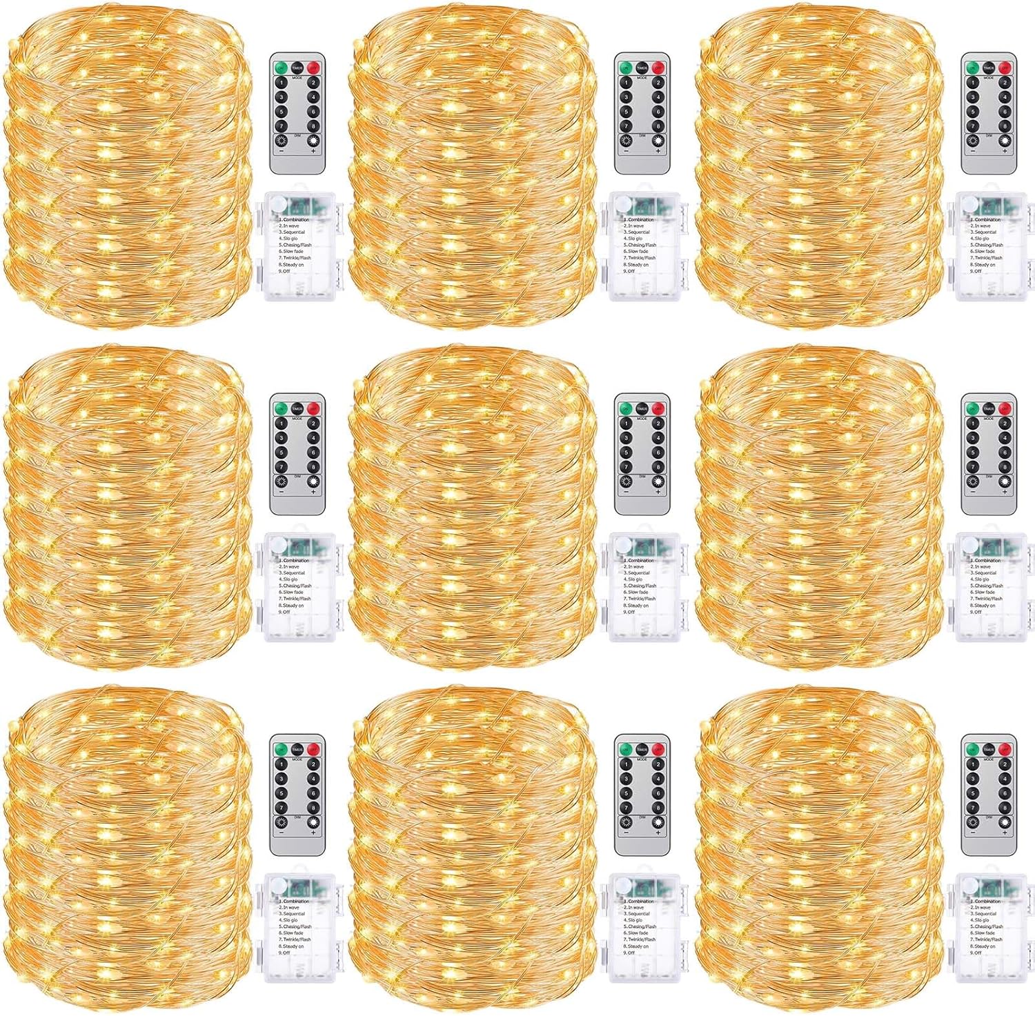 Paquete de 9 luces de hadas de 882 pies con 2700 luces LED a pilas con control remoto, impermeable, luces de Navidad con temporizador, luces