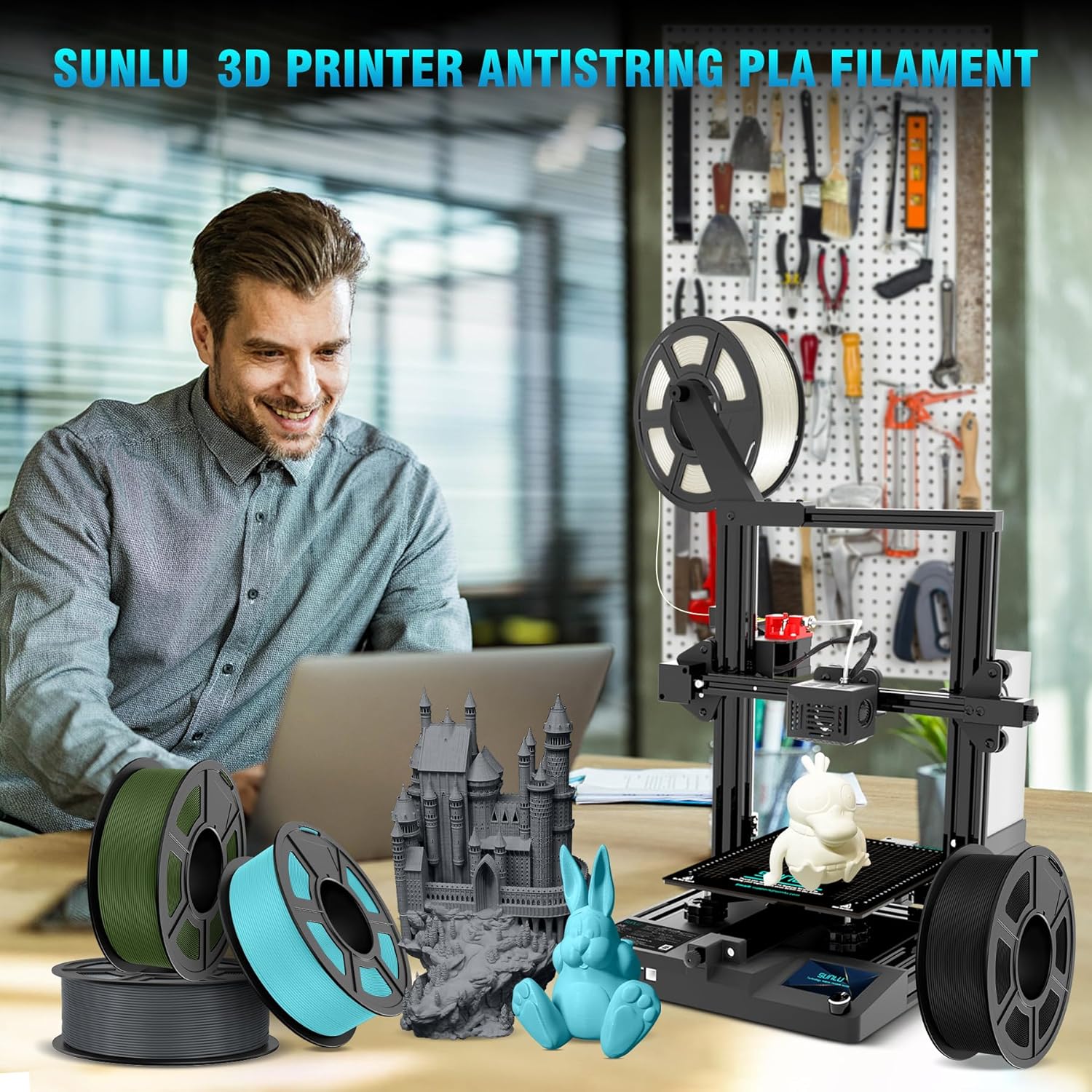 SUNLU Filamento de impresora 3D de ácido poliláctico (PLA) sin cuerda de 0.069 in, filamento de impresión 3D de ácido poliláctico anticuerdas,