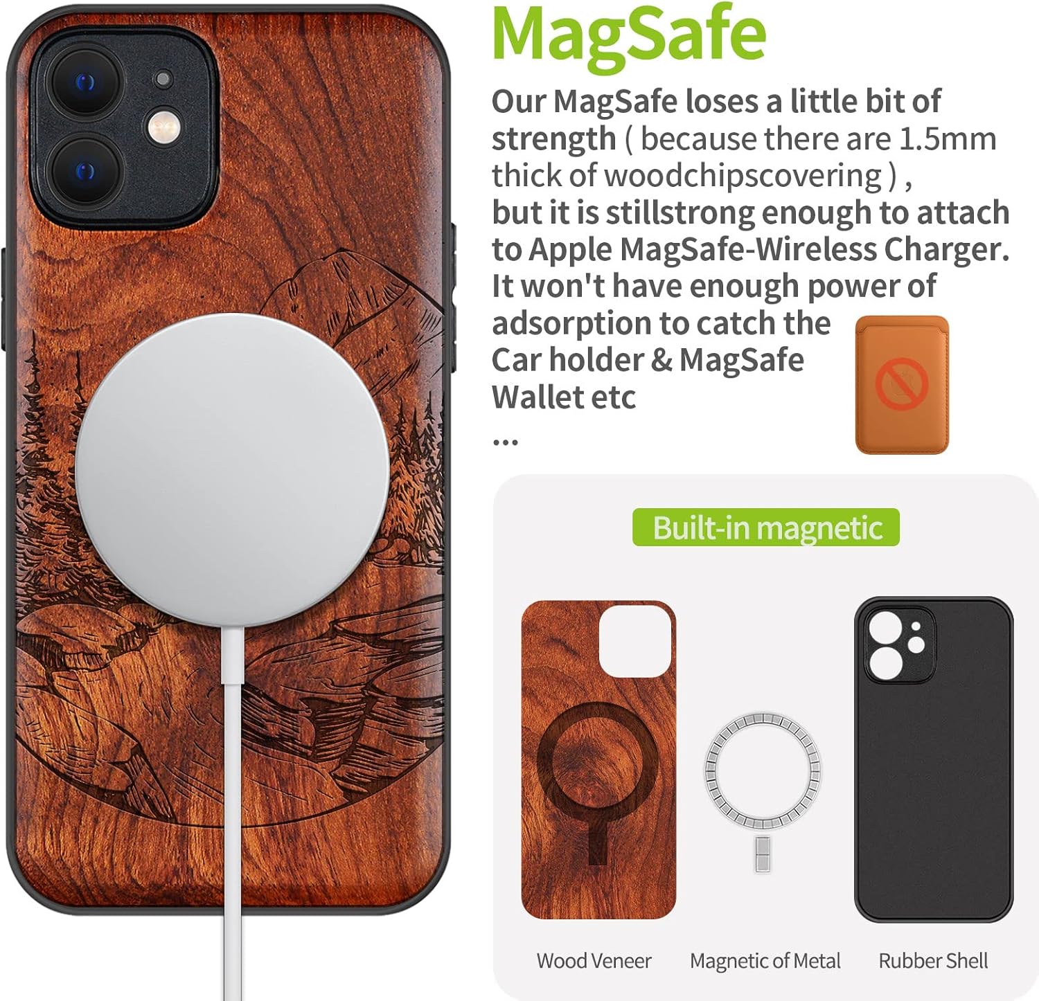 Carveit Funda magnética de madera para iPhone 12 madera natural y TPU suave negro a prueba de golpes, funda de madera única compatible con magsafe