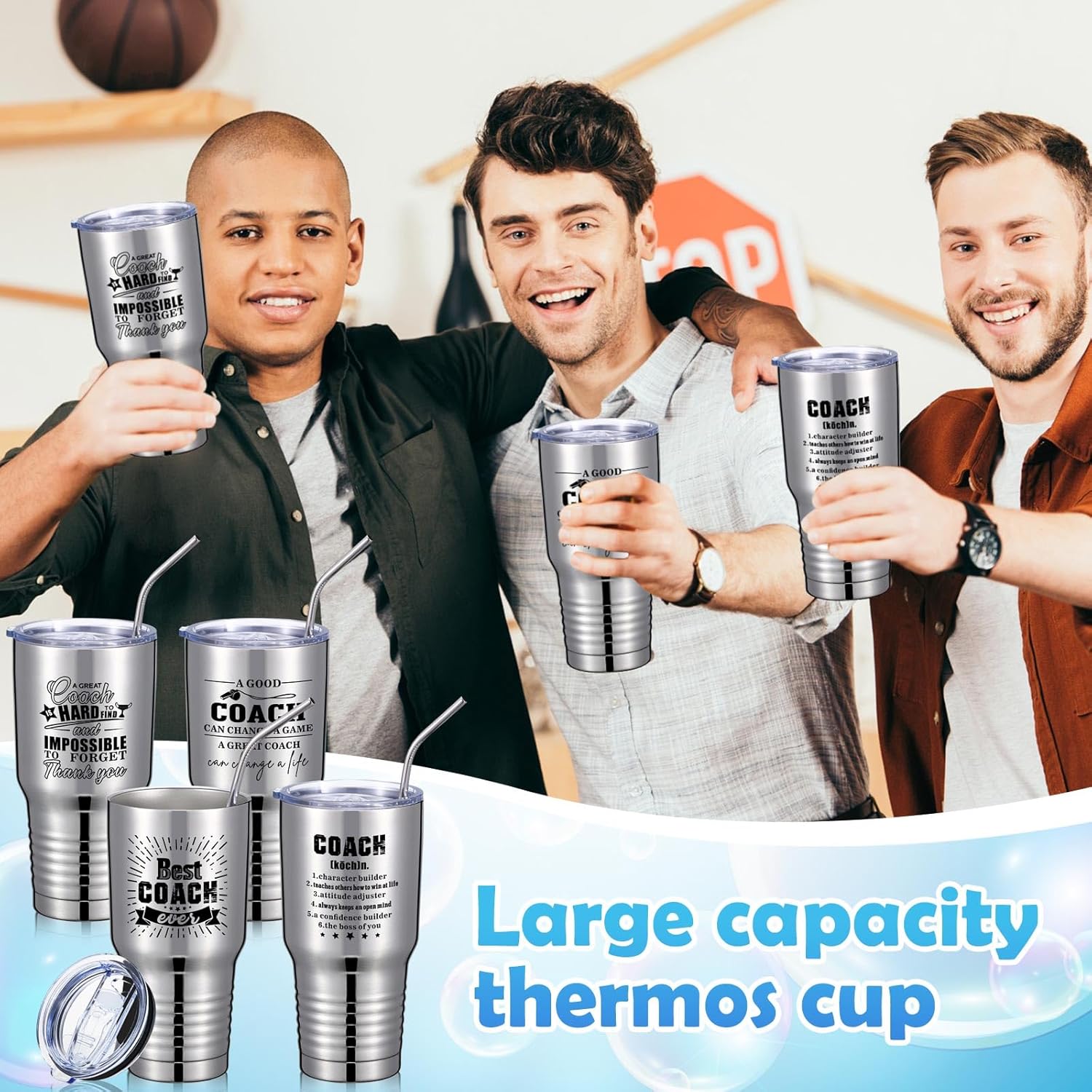 Juego de 4 vasos de acero inoxidable con tapas y pajitas, regalo de agradecimiento para entrenador, para hombres y mujeres, baloncesto, fútbol,