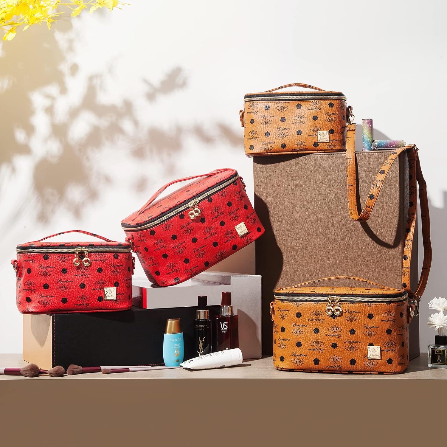 LACATTURA Bolsa de maquillaje de viaje para mujer, bolsa de cosméticos de cuero, Marrón-M, Classic
