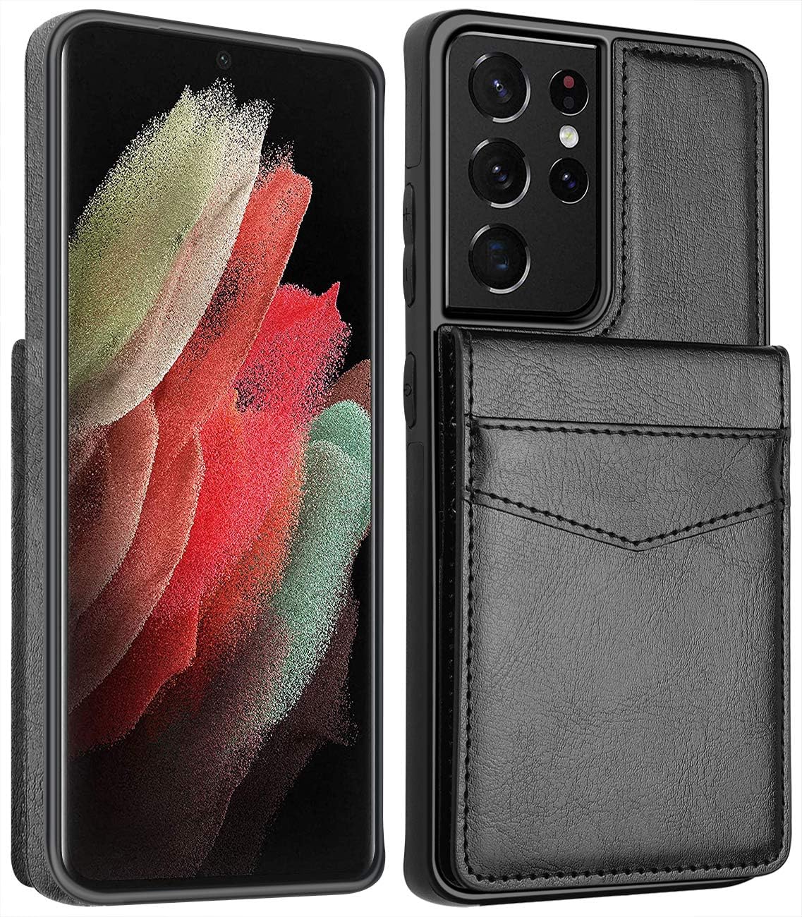 LakiBeibi Funda para Samsung Galaxy S21 Ultra, funda para teléfono S21 Ultra, funda de piel ligera de doble capa con tarjeteros, funda protectora