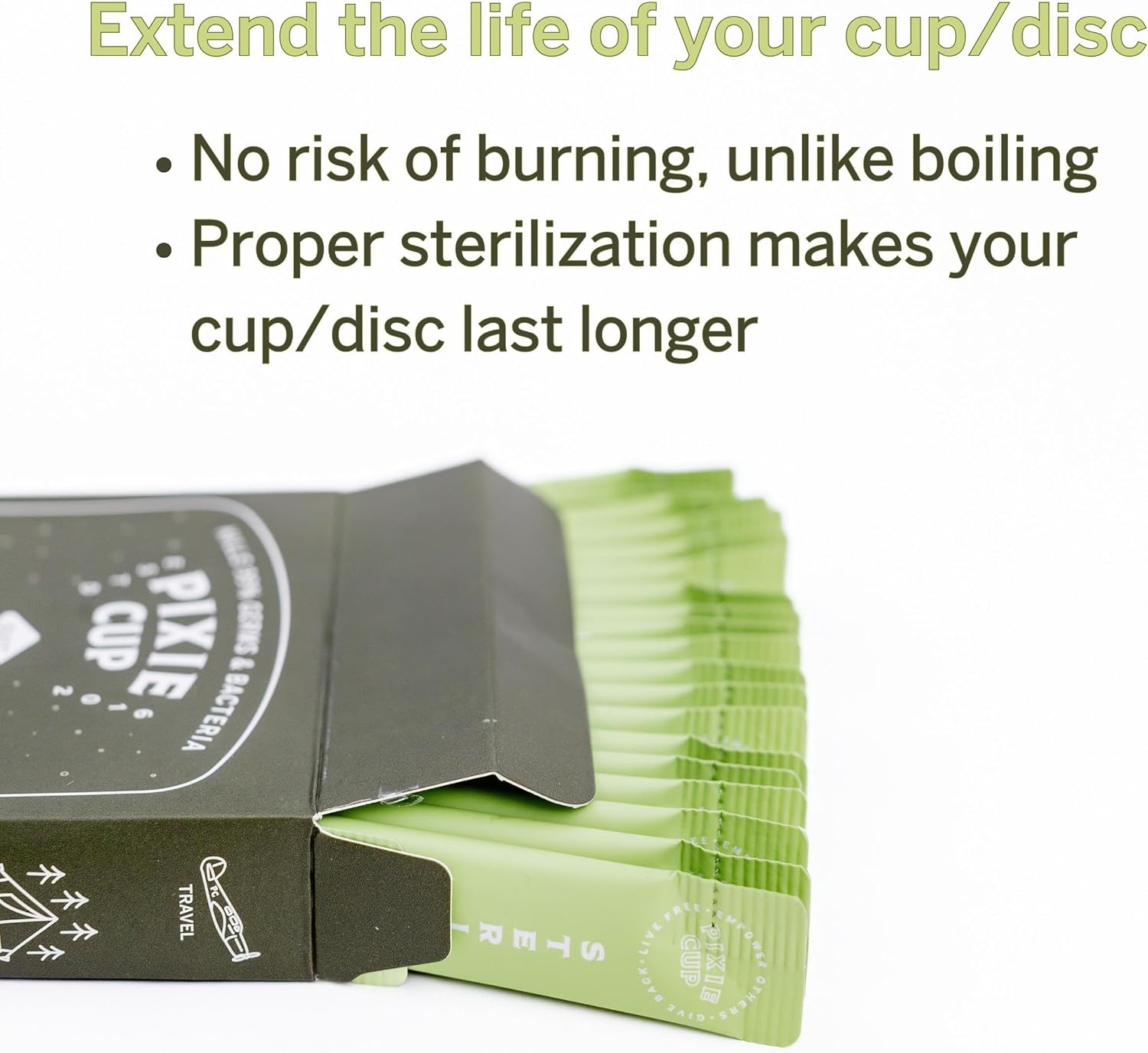 Pixie Cup Esterilizador de copa menstrual de polvo, esterilizador de disco menstrual + mata el 99.9% de los gérmenes con limpiador de vasos de