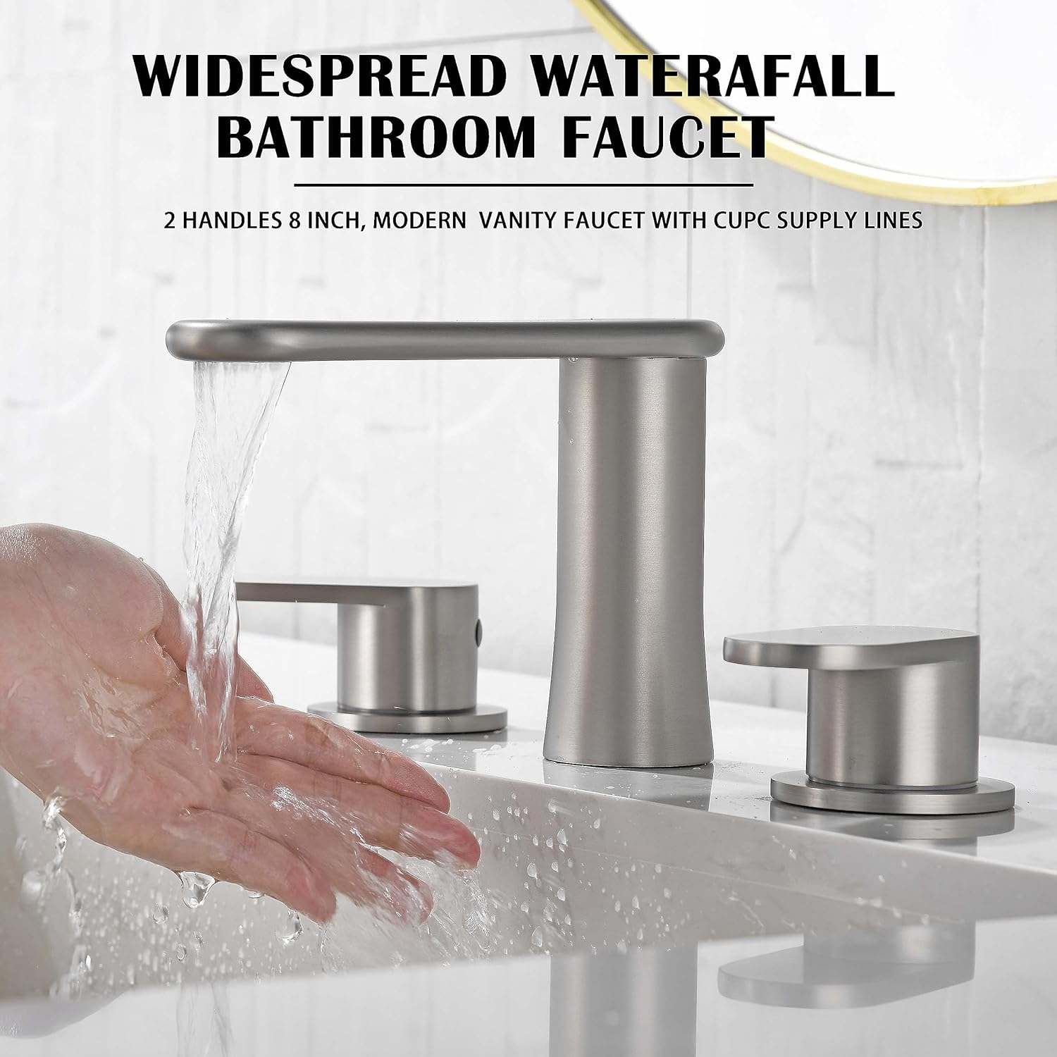 Grifo de baño de 3 agujeros de 8 pulgadas, amplia extensión, níquel cepillado, diseño de boquilla de cascada, núcleo de válvula de cerámica,