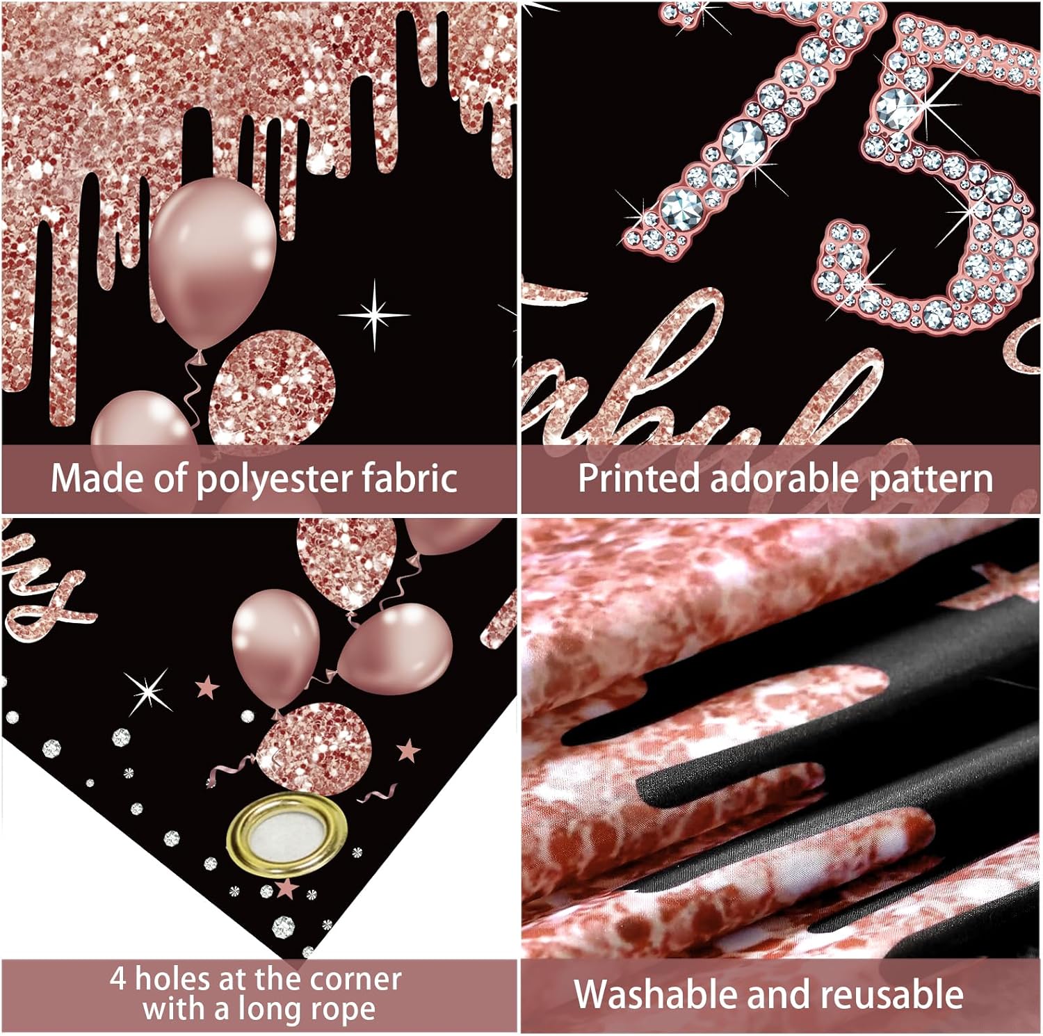 Decoraciones de cumpleaños número 75 y fabuloso cartel de cumpleaños para mujer, color oro rosa con temática de cumpleaños número 75, suministros de
