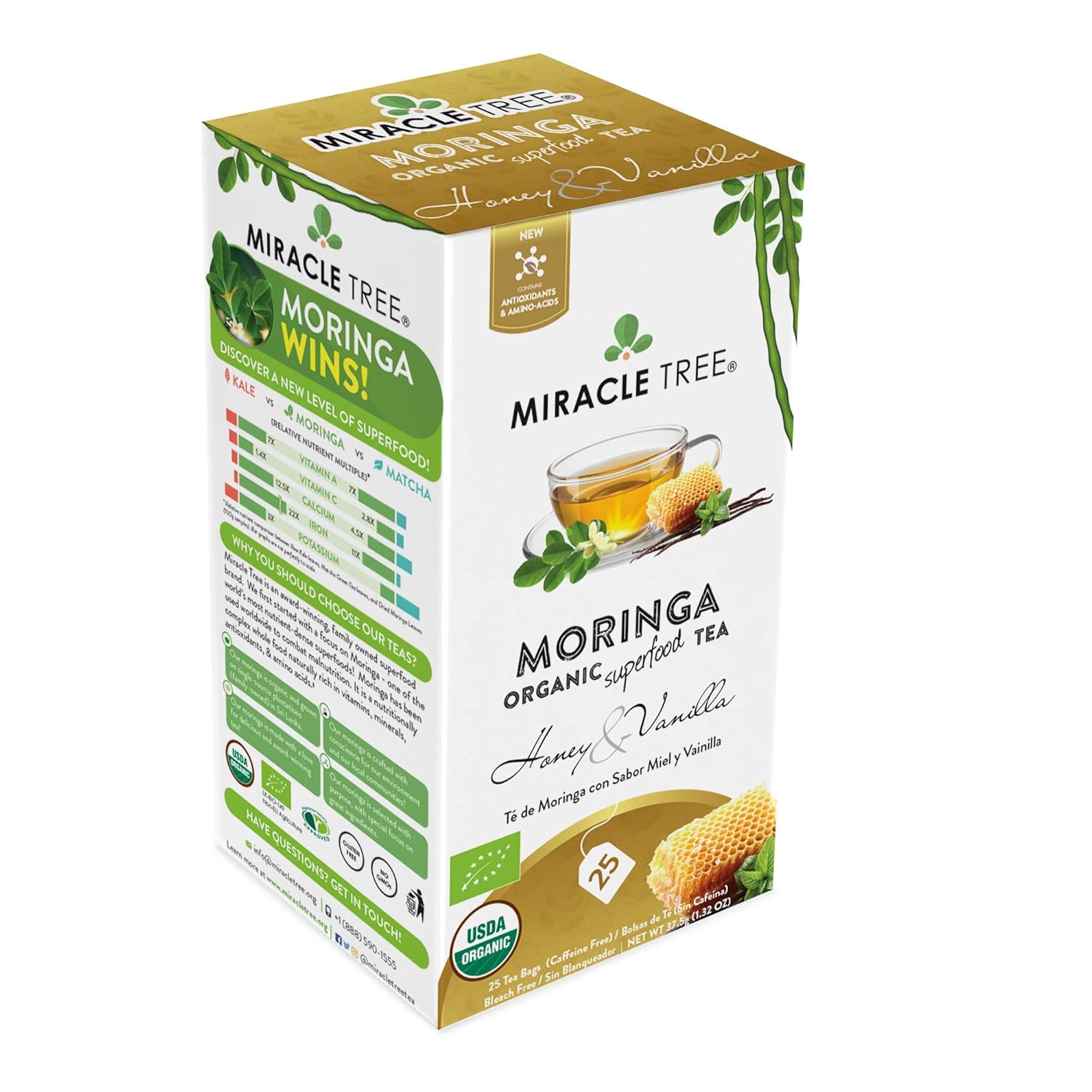 Miracle Tree – Té de moringa orgánico, superalimento, 25 sacos de té individuales sellados.