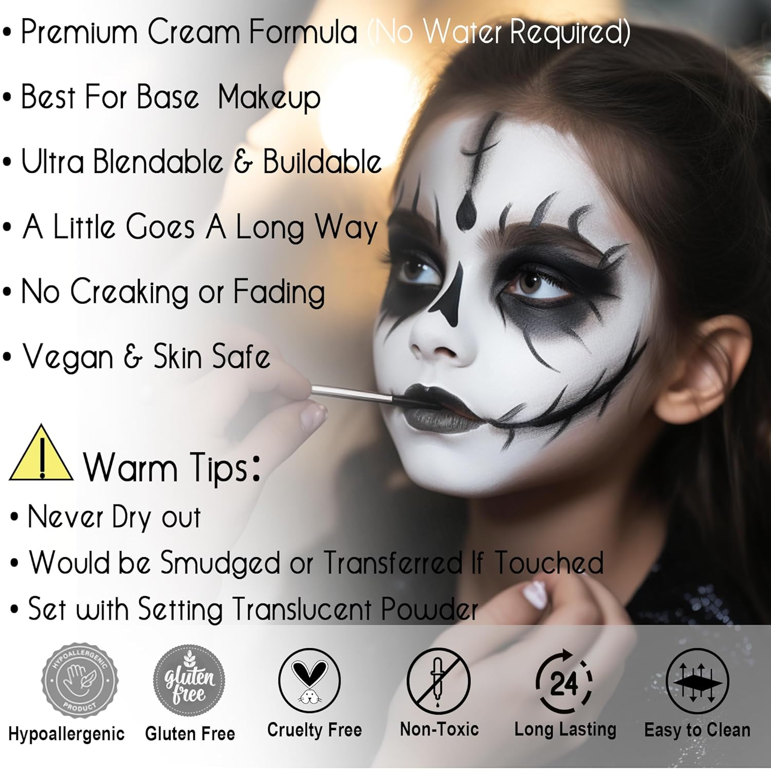 CCBeauty Barra de pintura corporal blanca y negra, color crema de ojos negros para deportes, base mezclable para esqueleto de payaso, vampiro,