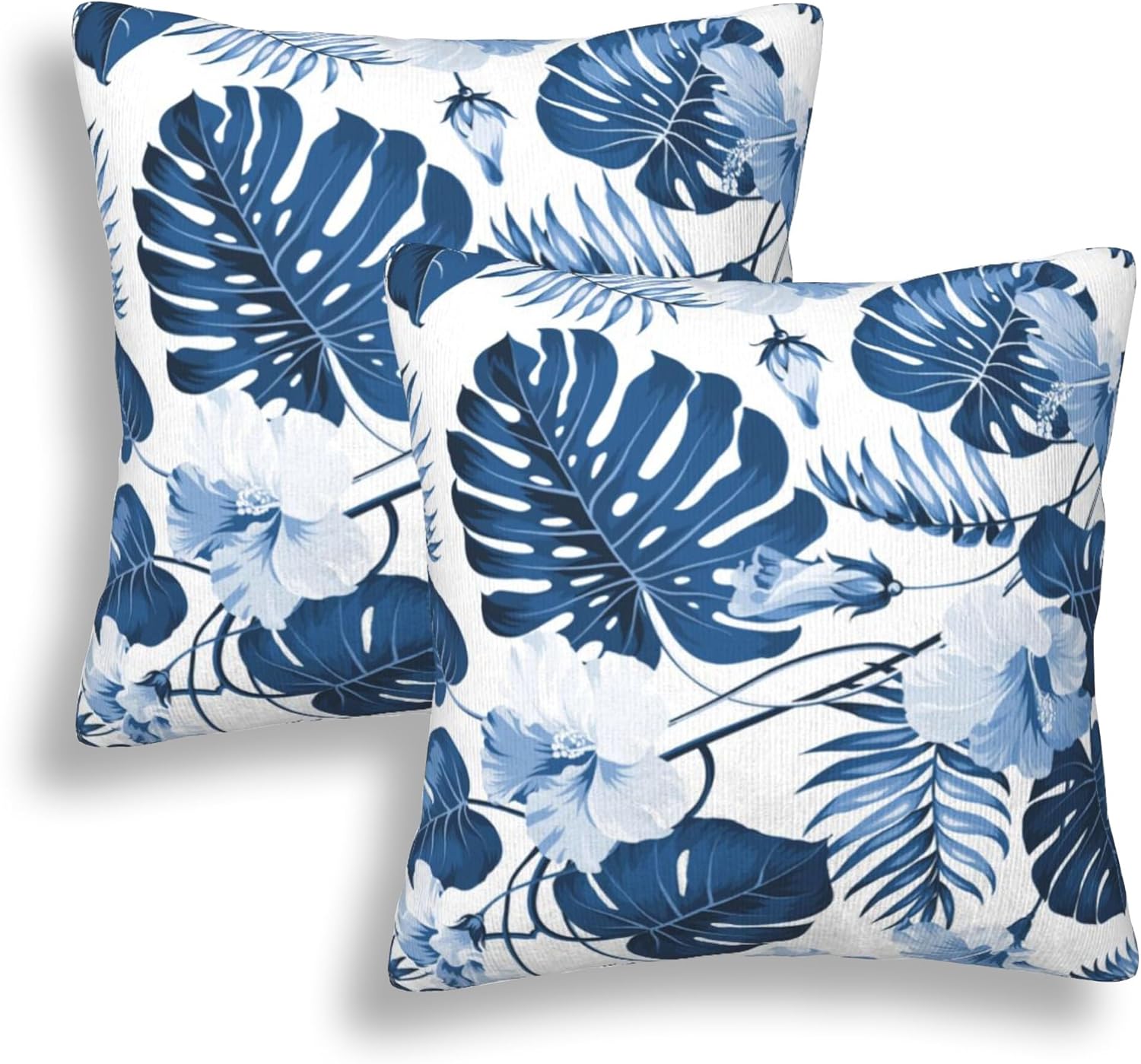 Juego de 2 fundas de almohada de hojas azules de palmera de 18 x 18 pulgadas, juego de 2 fundas de almohada florales hawaianas, arte abstracto,