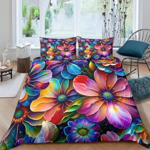 Juego de funda de edredón con diseño de flores artísticas, tamaño Queen, 3 piezas, patrón floral, 1 funda de edredón con cremallera y 2 fundas de Juego de funda de edredón con diseño de flores artísticas, tamaño Queen, 3 piezas, patrón floral, 1 funda de edredón con cremallera y 2 fundas de