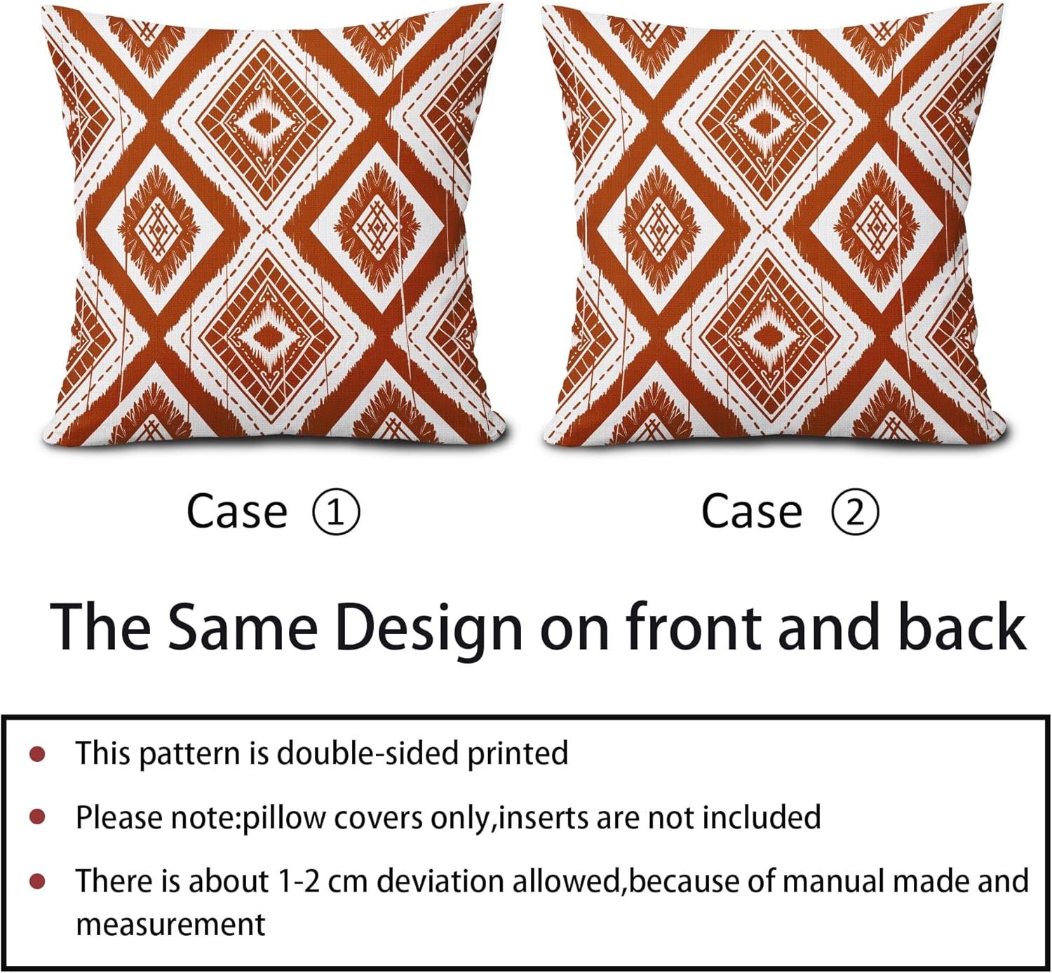 aportt Juego de 2 fundas de almohada geométricas de color naranja quemado de 18 x 18 pulgadas con diamantes Ikat de color marfil óxido, estilo