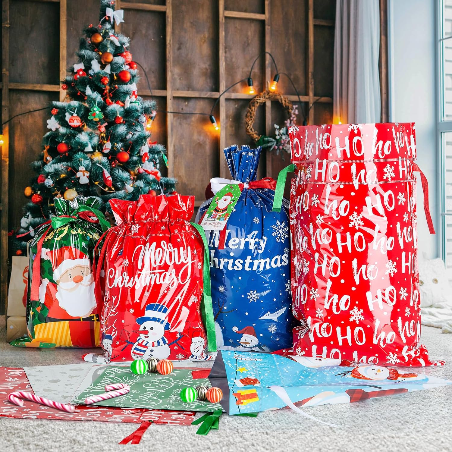 Regalo de envoltura de 10 segundos  38 bolsas de regalo de Navidad con cordón de varios tamaños pequeños, medianos y grandes, bolsas de regalo de